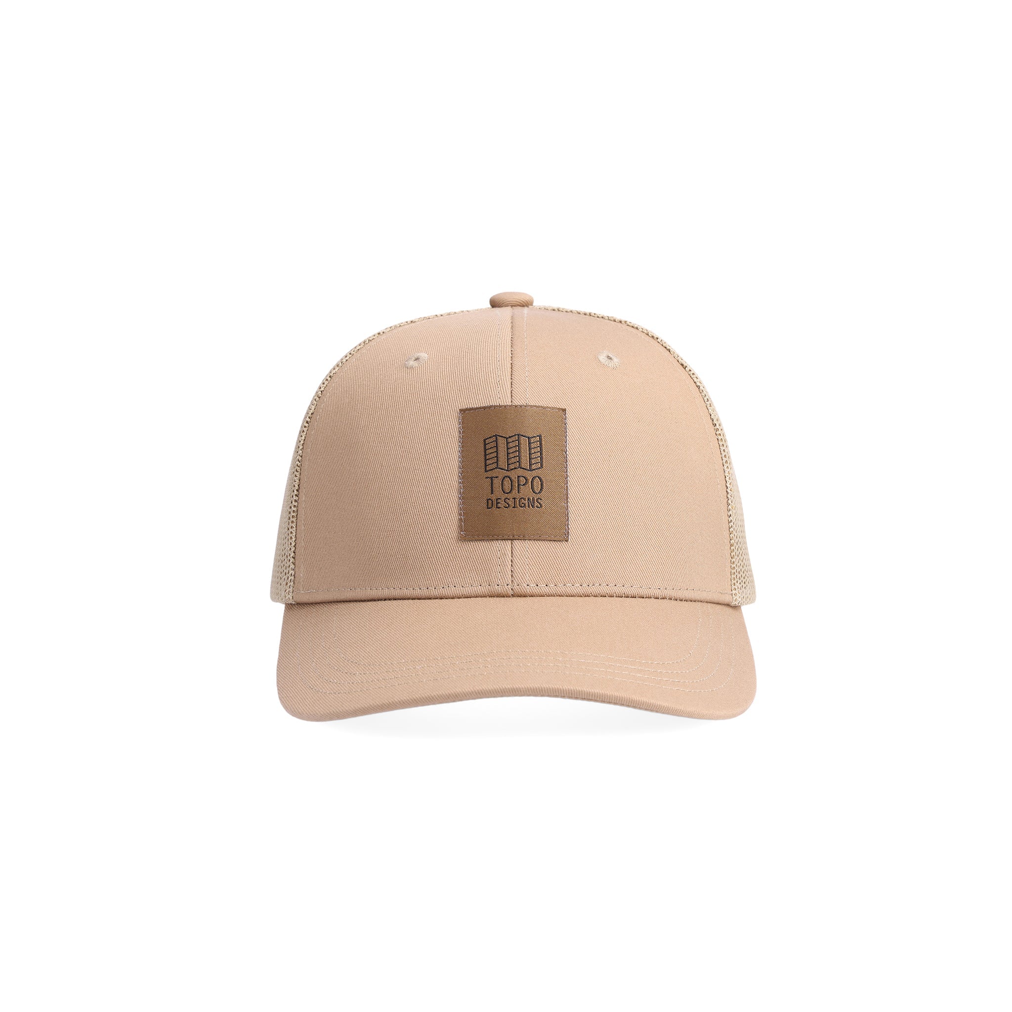 Front shot of Topo Designs Trucker Hat with mesh back and original logo patch in "Tan".
