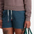 Detail shot of Topo Designs Women's drawstring Dirt Shorts in 100% organic cotton "Pond Blue".