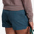 Detail shot of Topo Designs Women's drawstring Dirt Shorts in 100% organic cotton "Pond Blue".