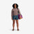 Model shot of Topo Designs Women's drawstring Dirt Shorts in 100% organic cotton "Pond Blue" blue.