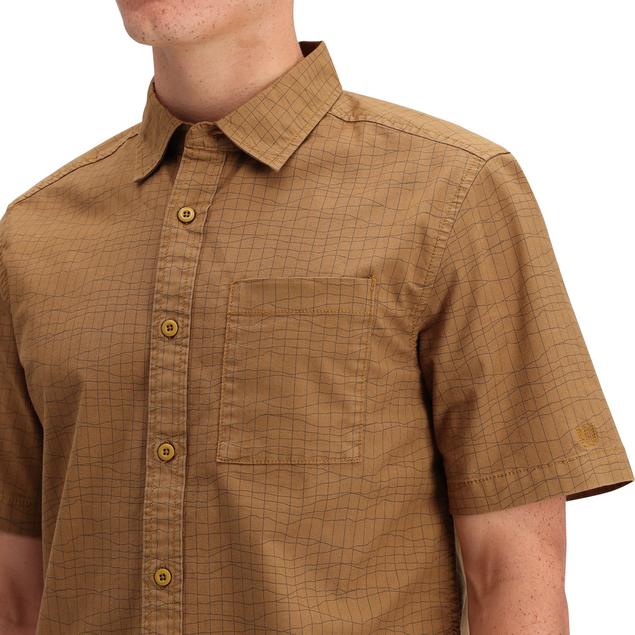 Detail shot of Topo Designs Dirt Desert Shirt Ss - Men's  in "Dark Khaki Terrain"