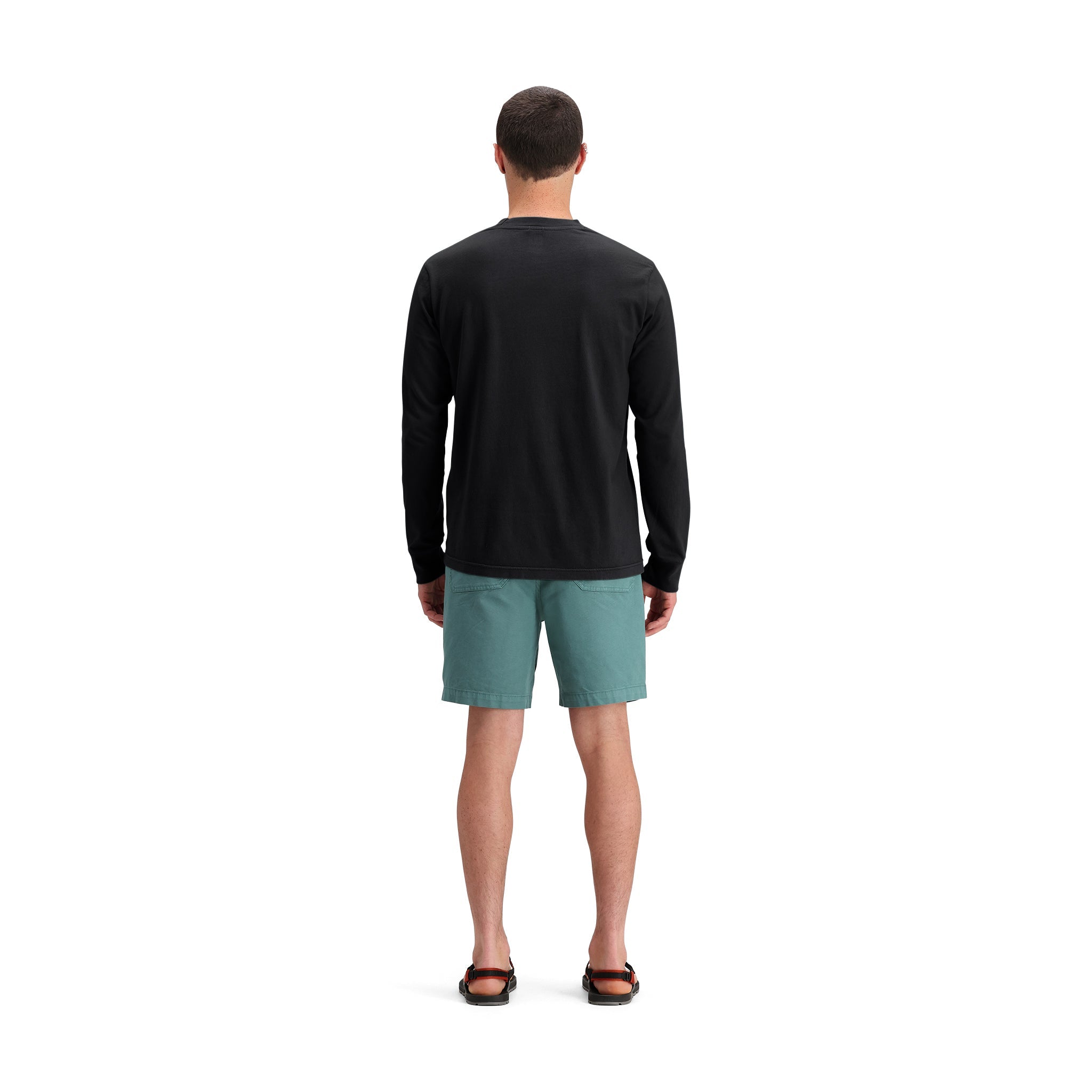 General back model shot of Topo Designs Dirt Shorts - Men's in "Sea Pine"
