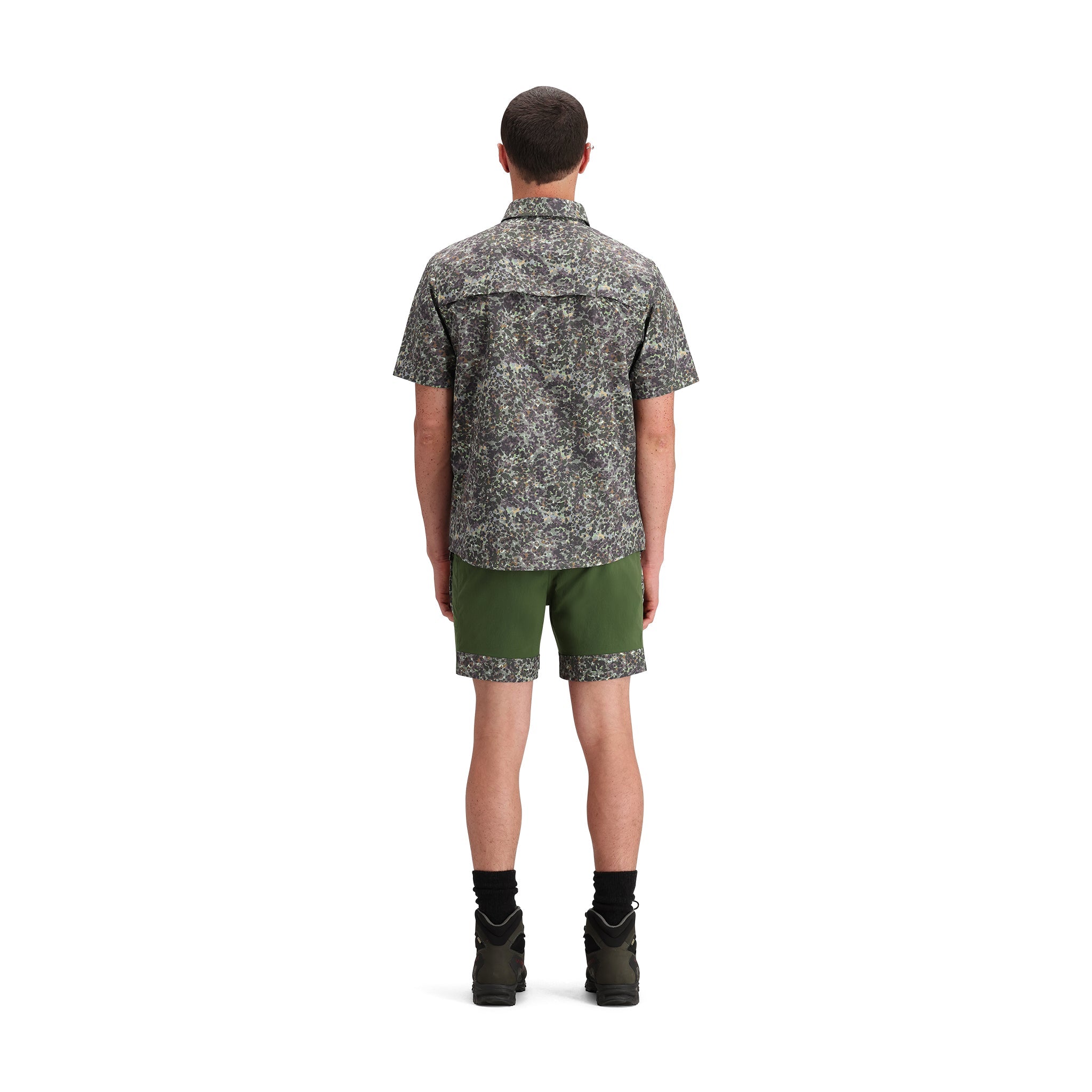 General back model shot of Topo Designs Retro River Shirt Ss - Men's in "Olive Meteor"