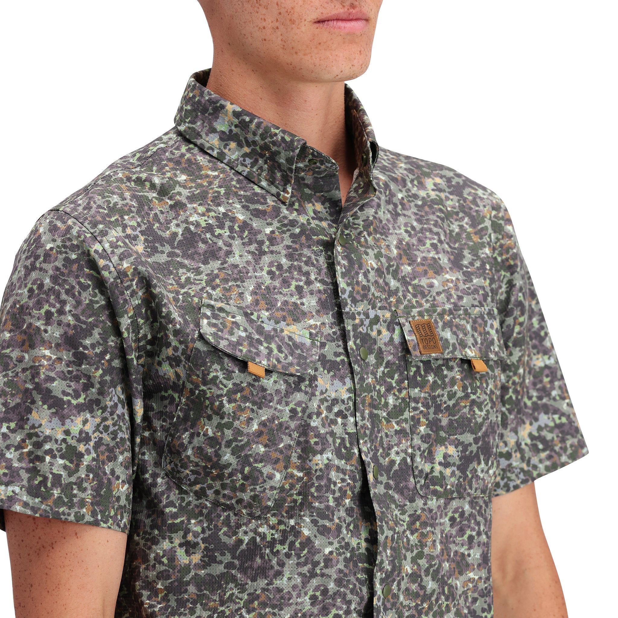 Detail shot of Topo Designs Retro River Shirt Ss - Men's in "Olive Meteor"