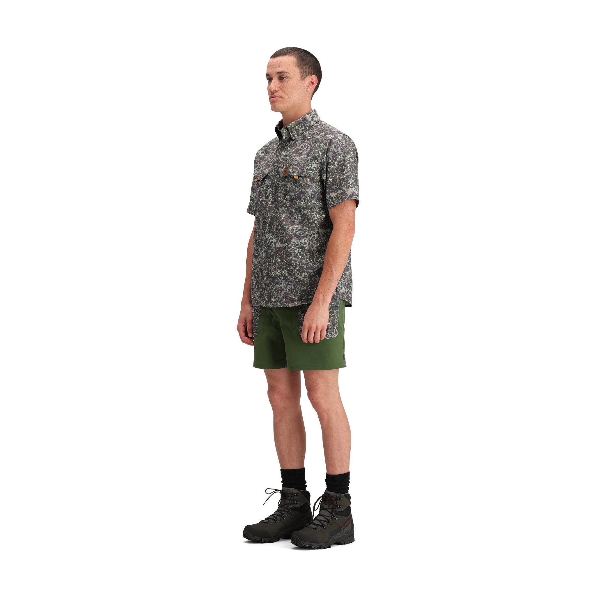 General side model shot of Topo Designs Retro River Shorts - Men's in "Olive / Meteor"