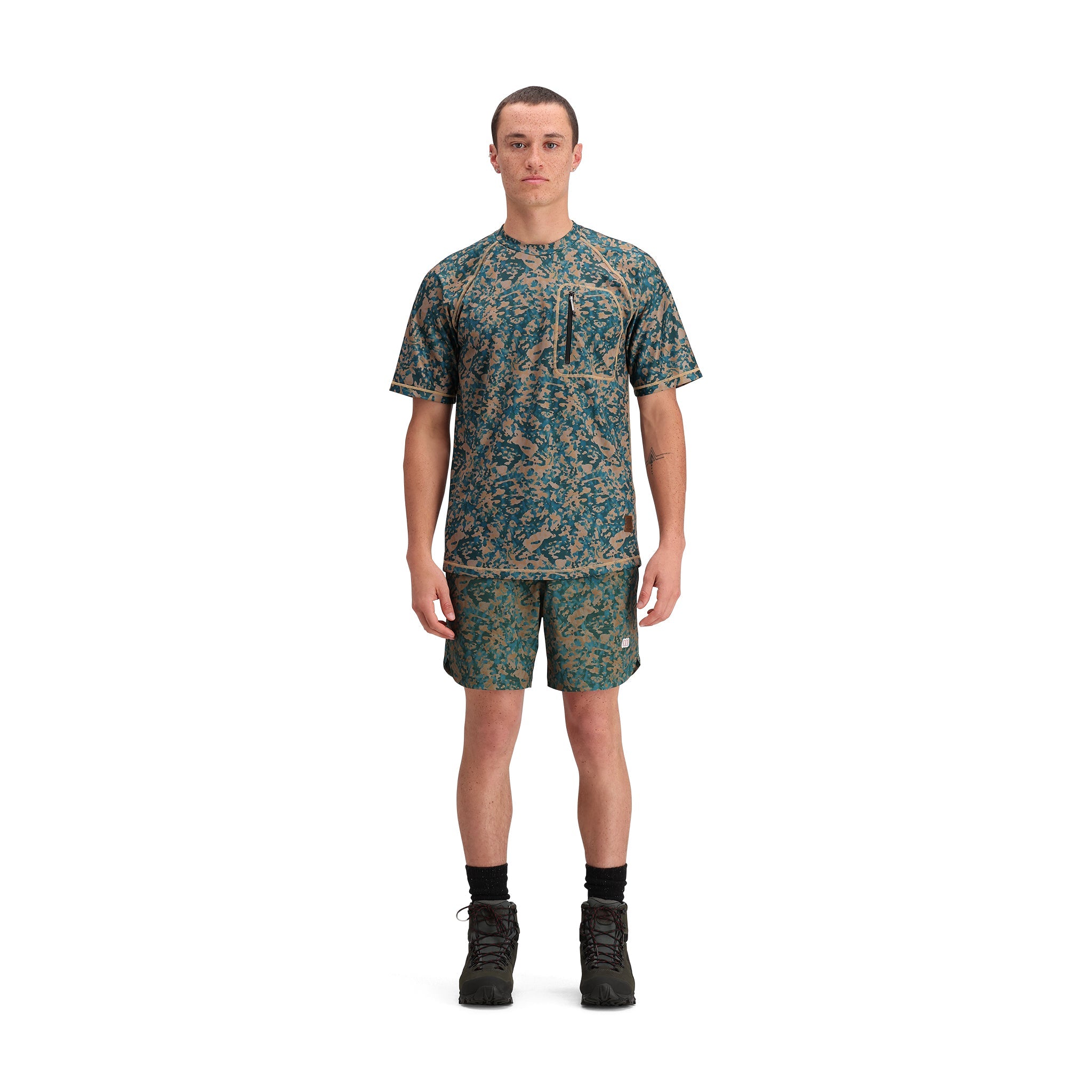 General front model shot of Topo Designs River Shorts - Men's in "Sahara Nebula"