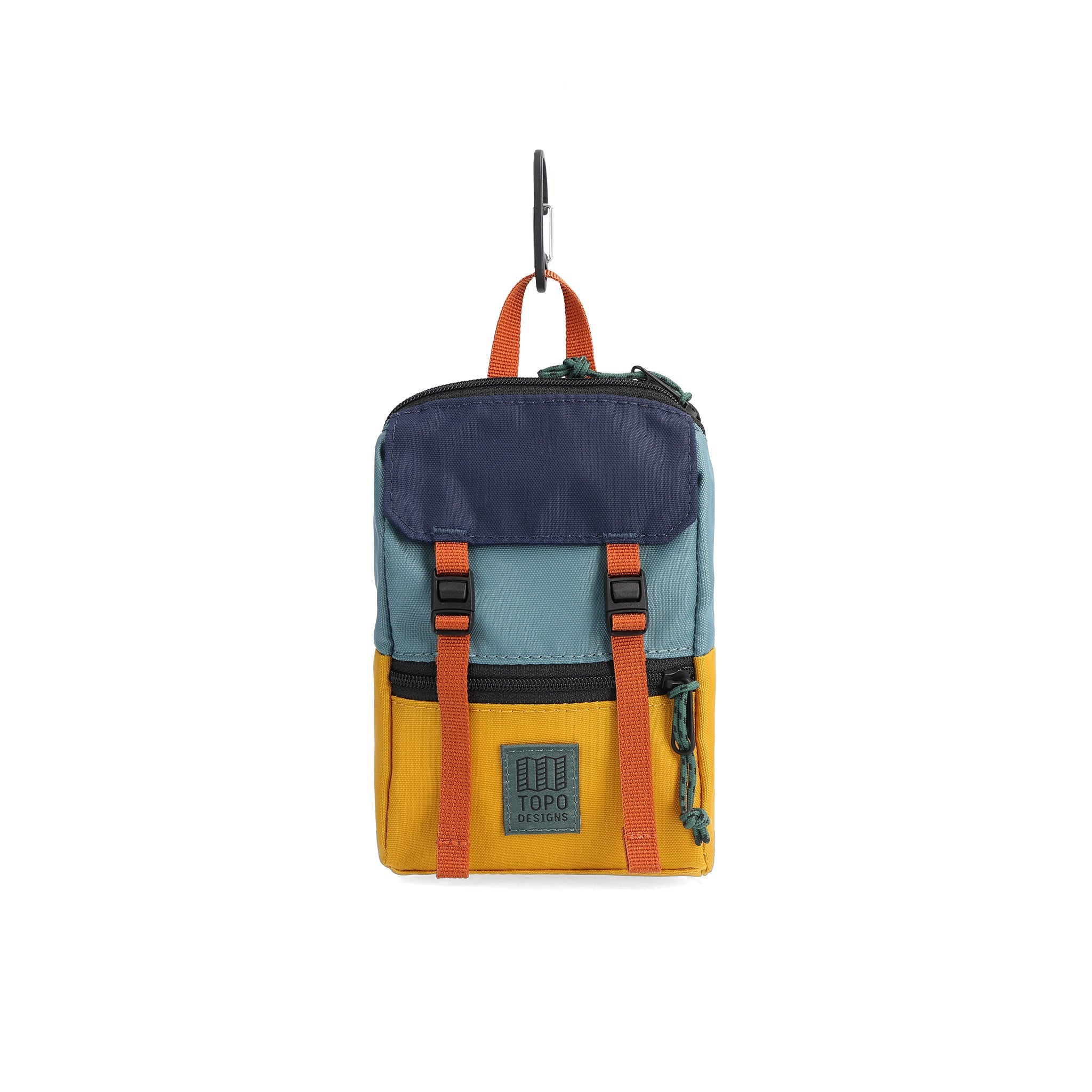 Front View of Topo Designs Rover Pack Micro in "Sea Pine / Mustard"