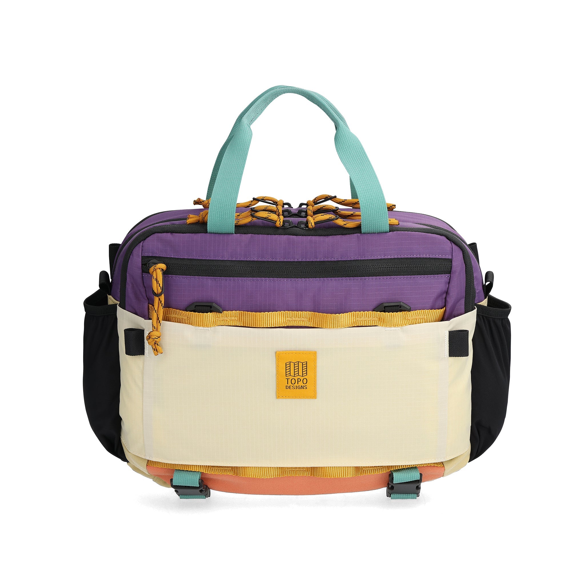 Front View of Topo Designs Mountain Cross Bag in "Loganberry / Bone White"