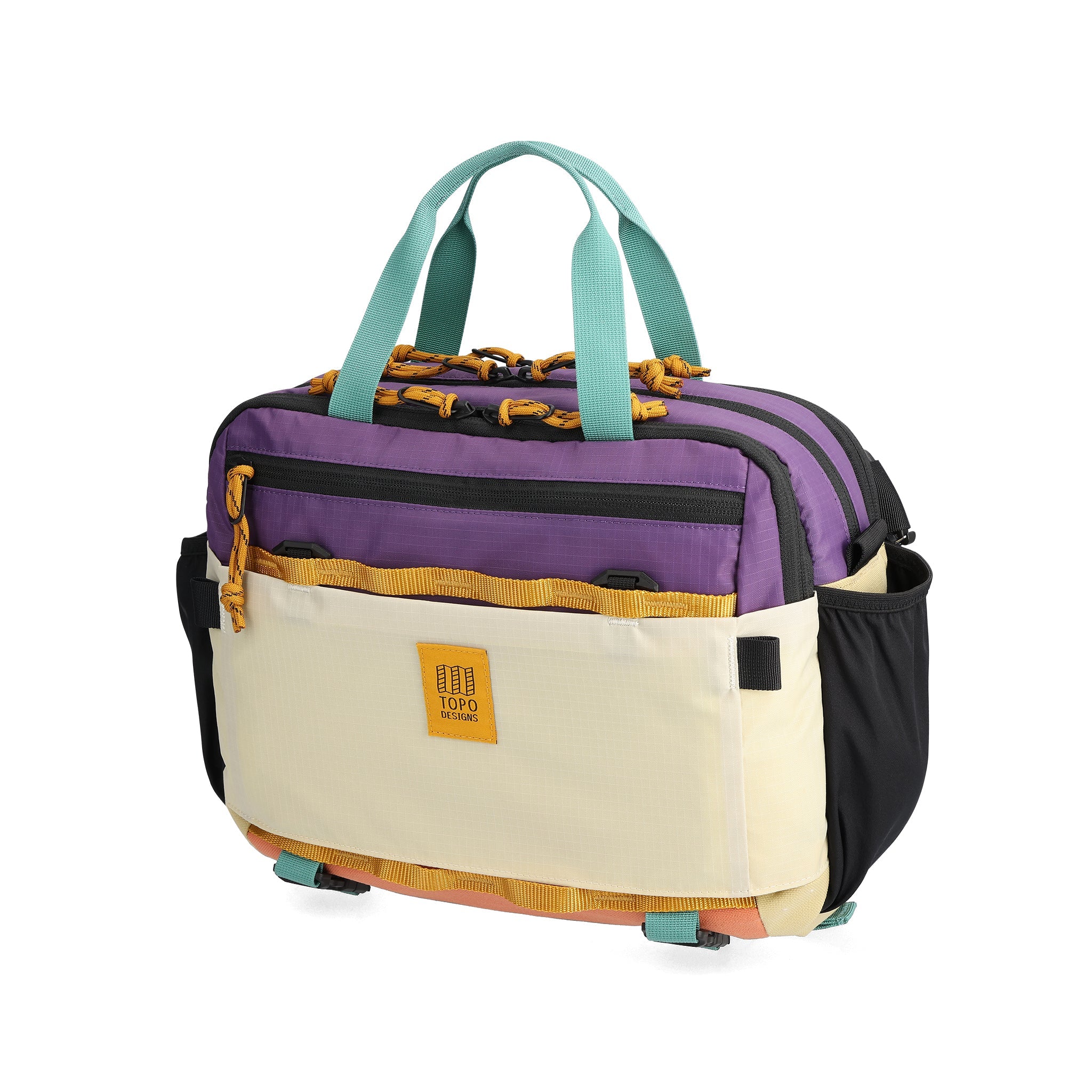Front View of Topo Designs Mountain Cross Bag in "Loganberry / Bone White"