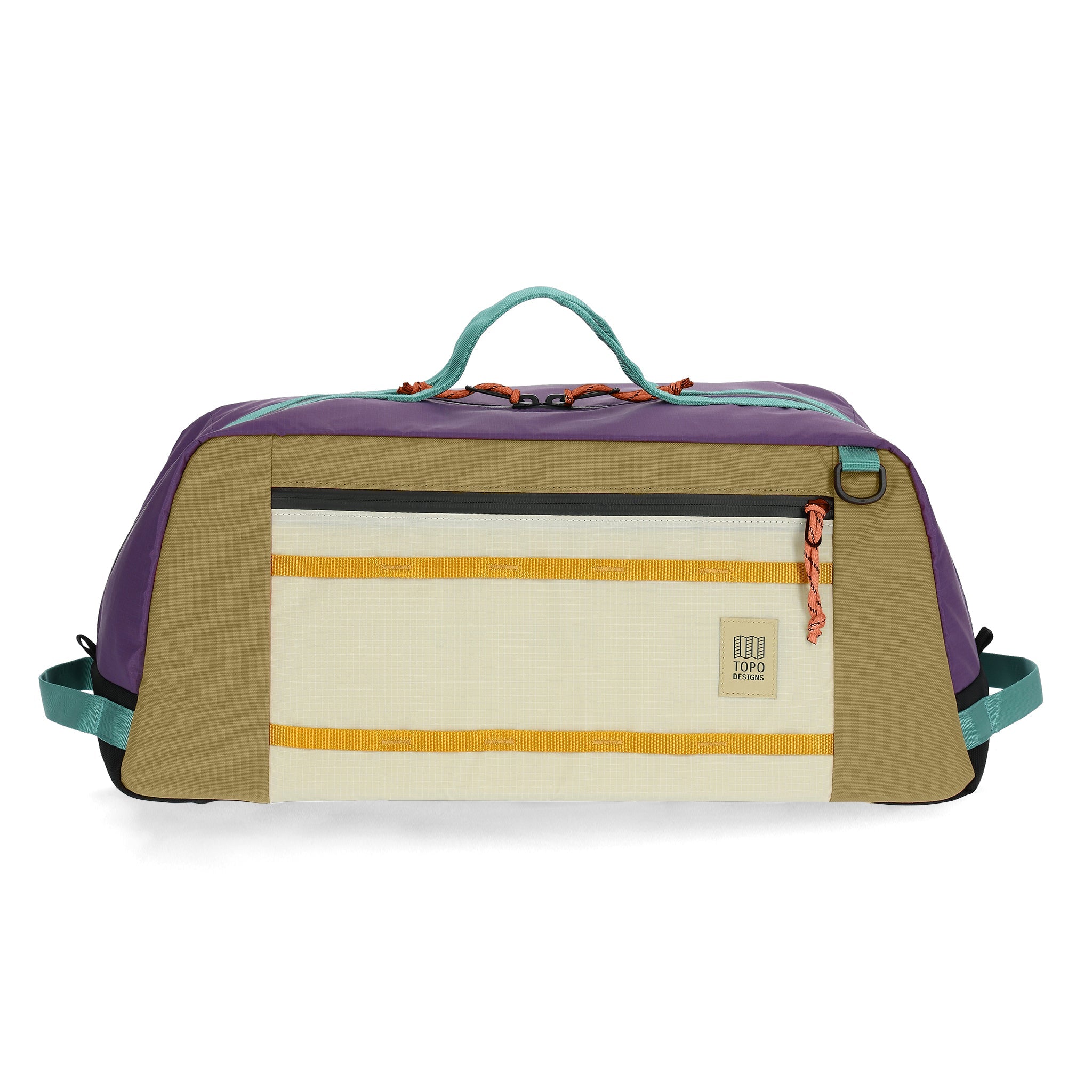Front View of Topo Designs Mountain Duffel in "Loganberry / Bone White"