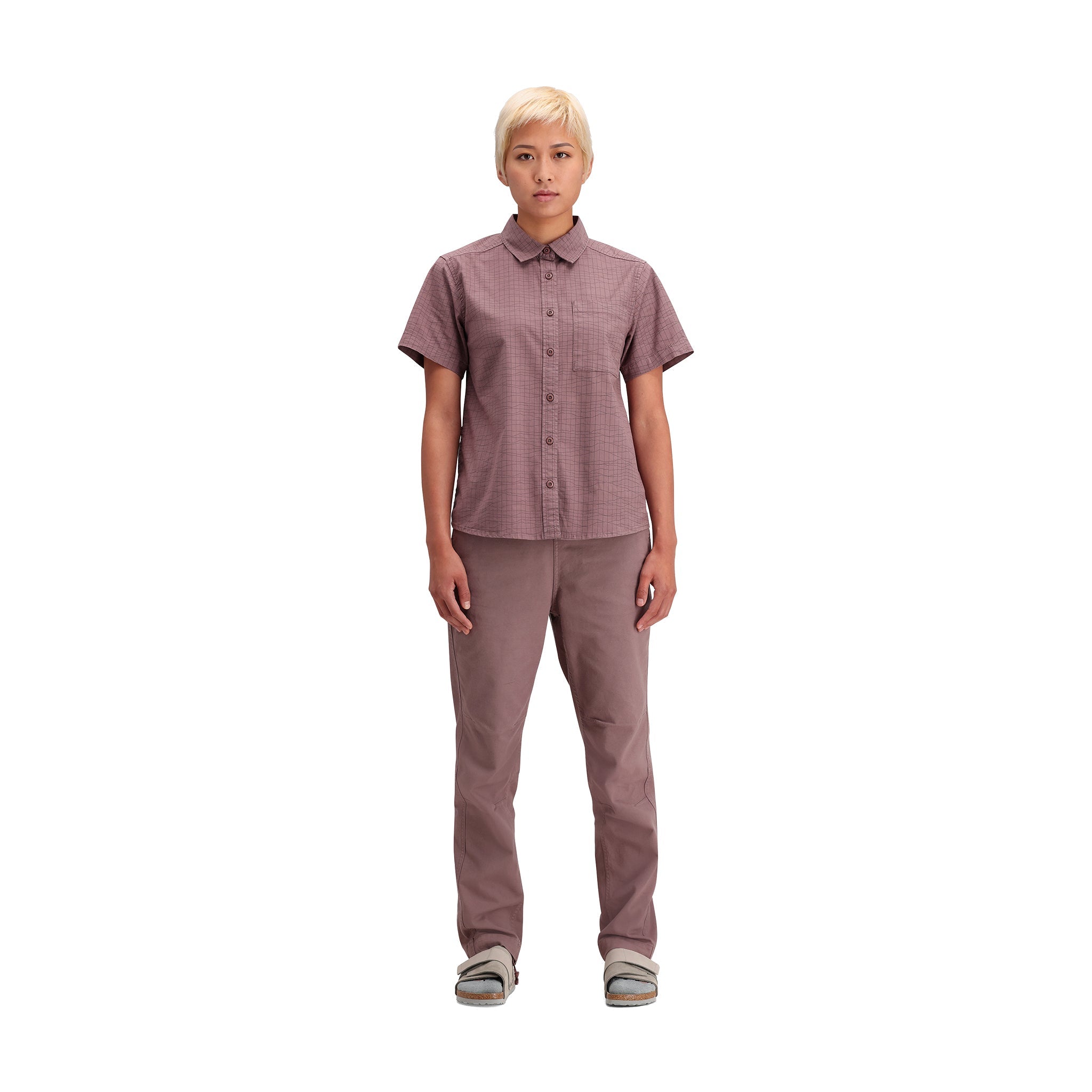 General front model shot of Topo Designs Dirt Desert Shirt Ss - Women's in "Peppercorn Terrain"