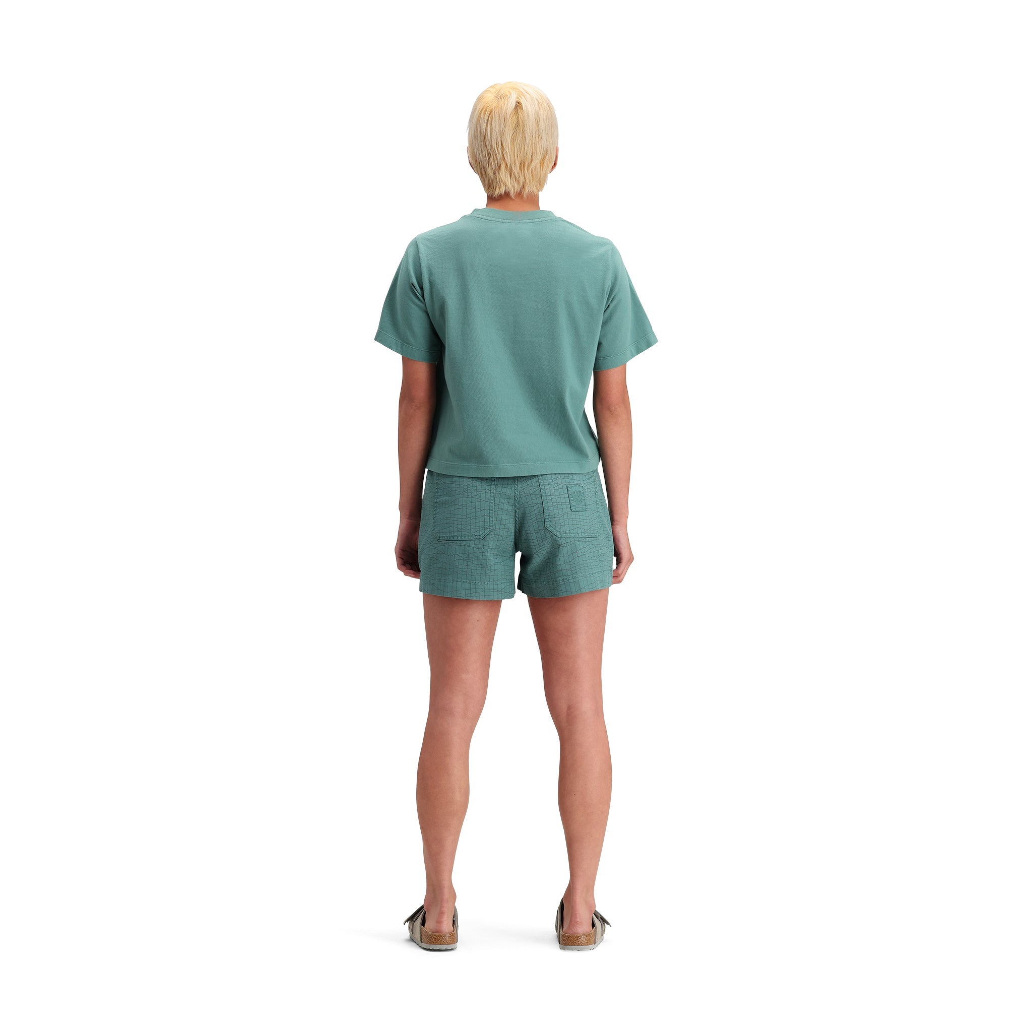 General back model shot of Topo Designs Dirt Tee - Women's in "Sea Pine"