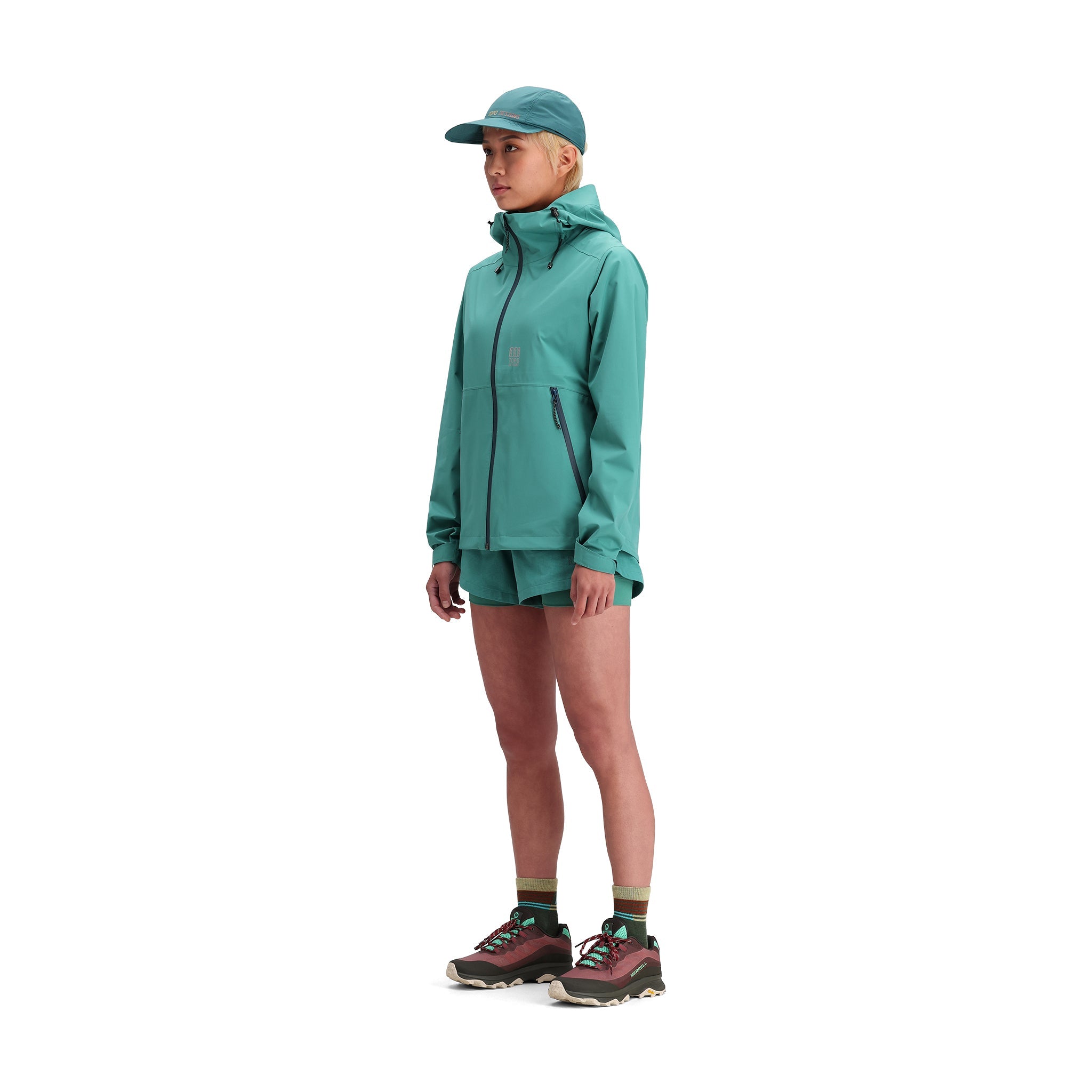 General side model shot of Topo Designs Global Jacket - Women's in "Caribbean"