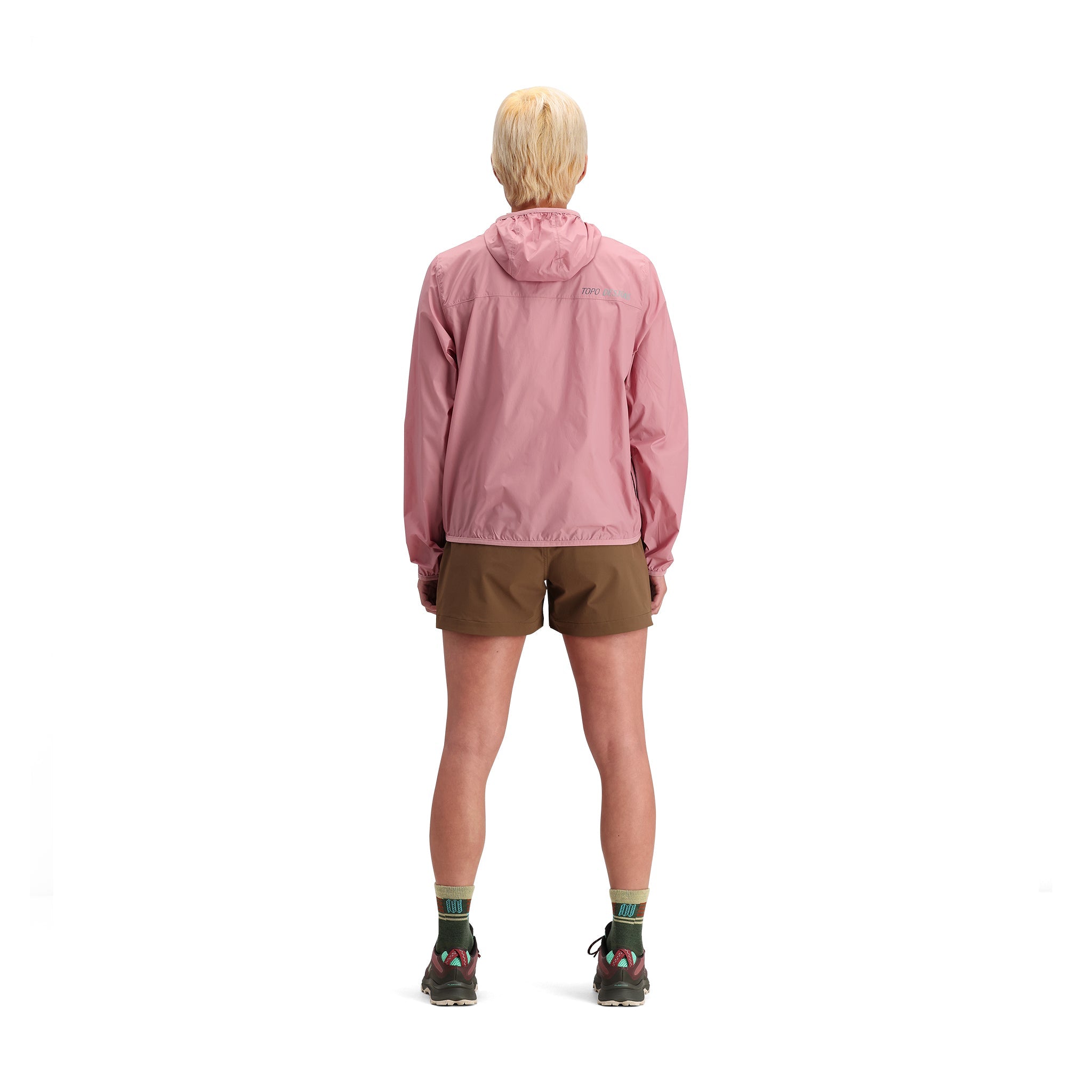 General back model shot of Topo Designs Global Ultralight Packable Jacket - Women's in "Rose"