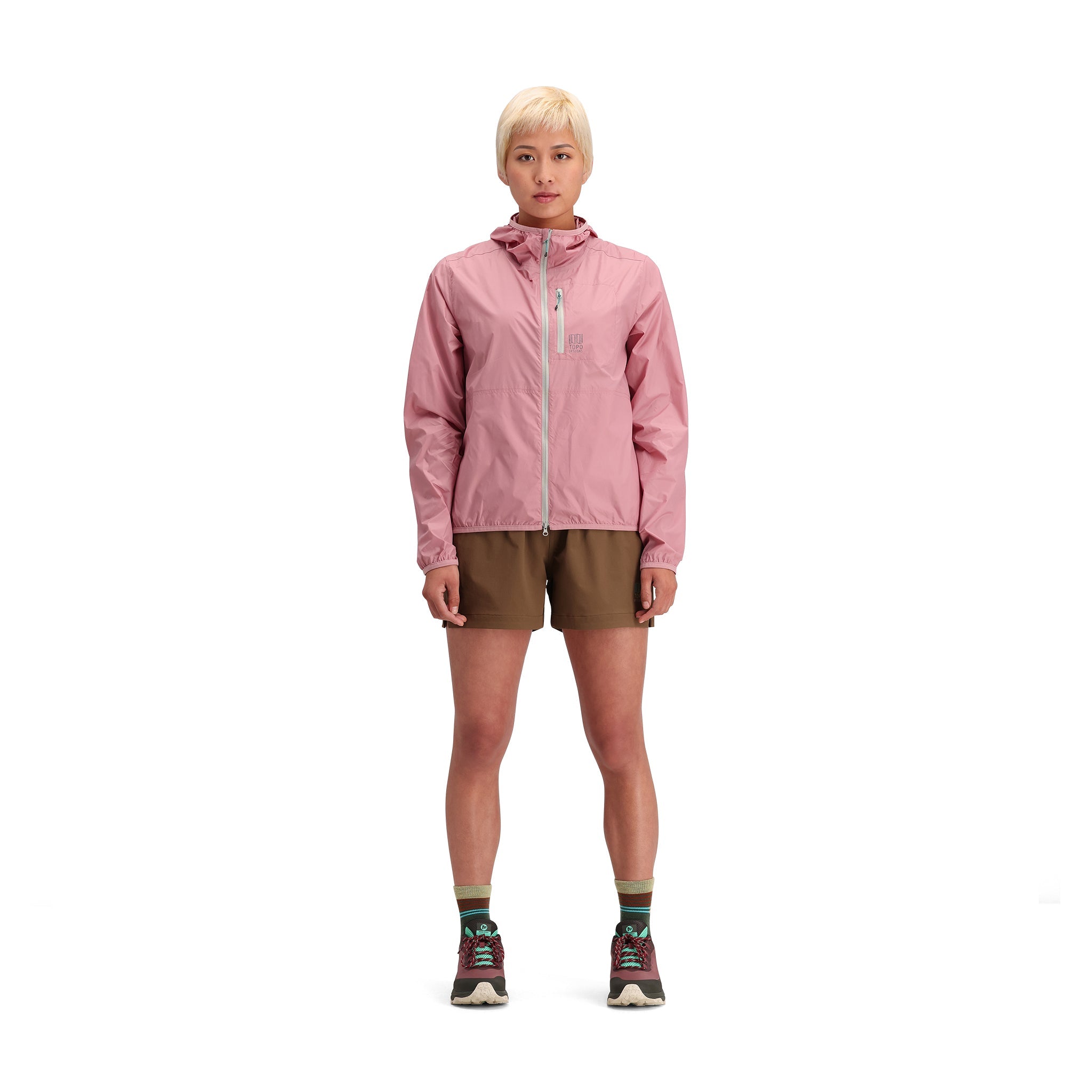 General front model shot of Topo Designs Global Ultralight Packable Jacket - Women's in "Rose"