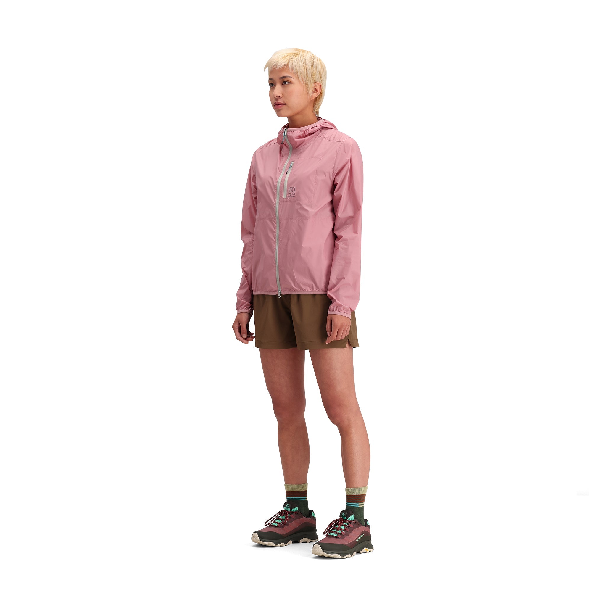 General side model shot of Topo Designs Global Ultralight Packable Jacket - Women's in "Rose"