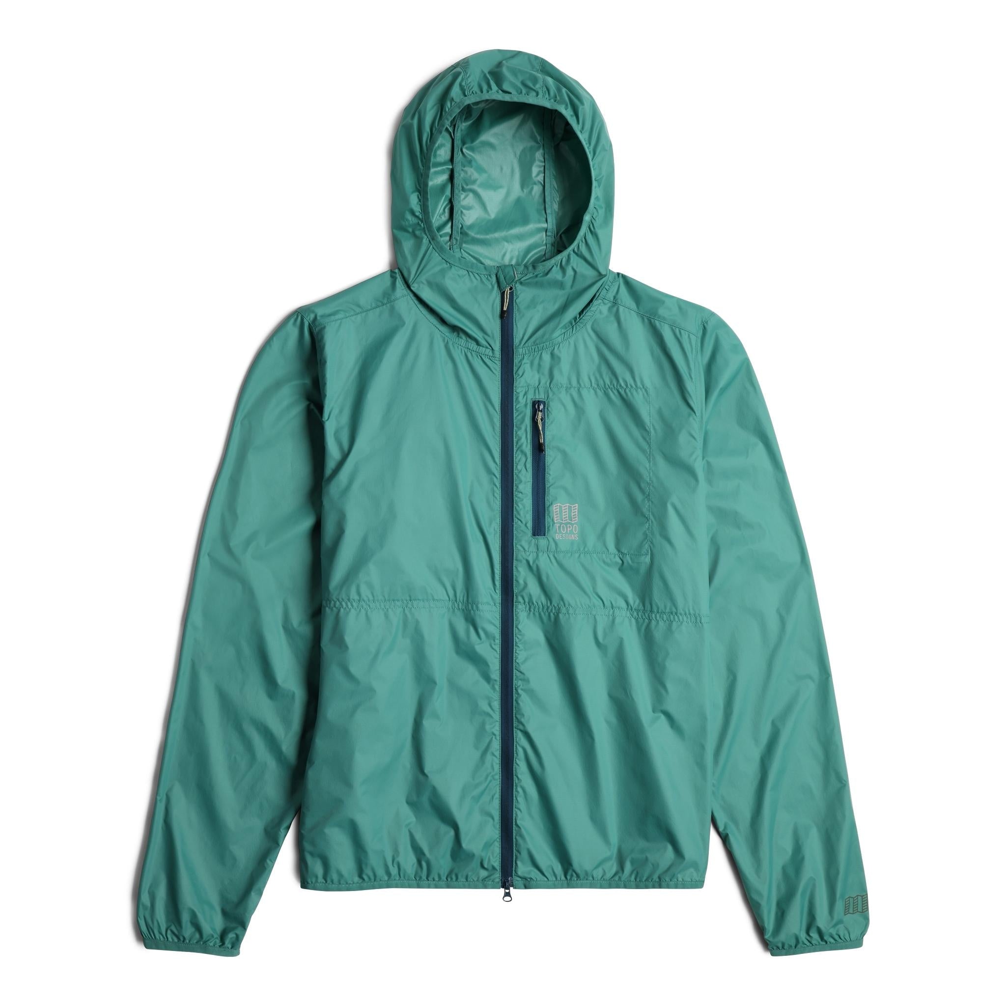 Topo Designs Men's Global Jacket packable 10k waterproof rain shell in recycled pond blue polyester.