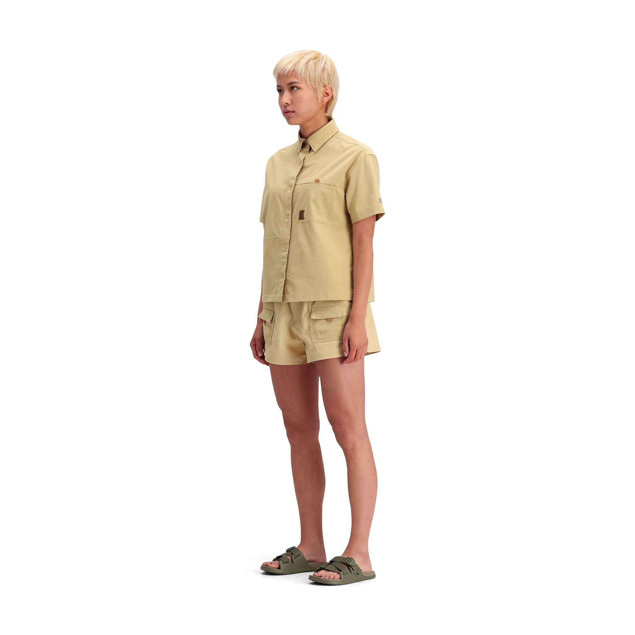 General side model shot of Topo Designs Retro River Shirt Ss - Women's in "Sahara"