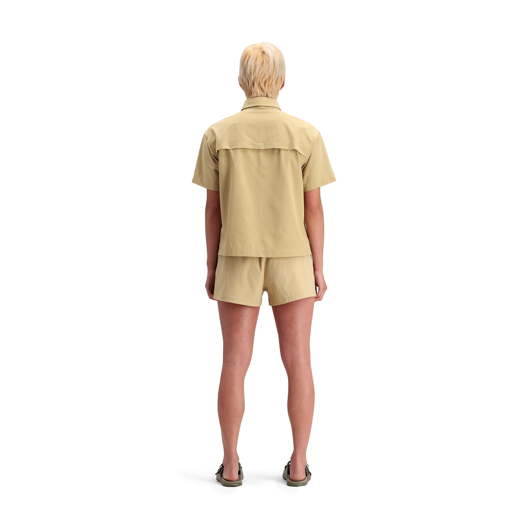 General back model shot of Topo Designs Retro River Shorts - Women's in "Sahara"