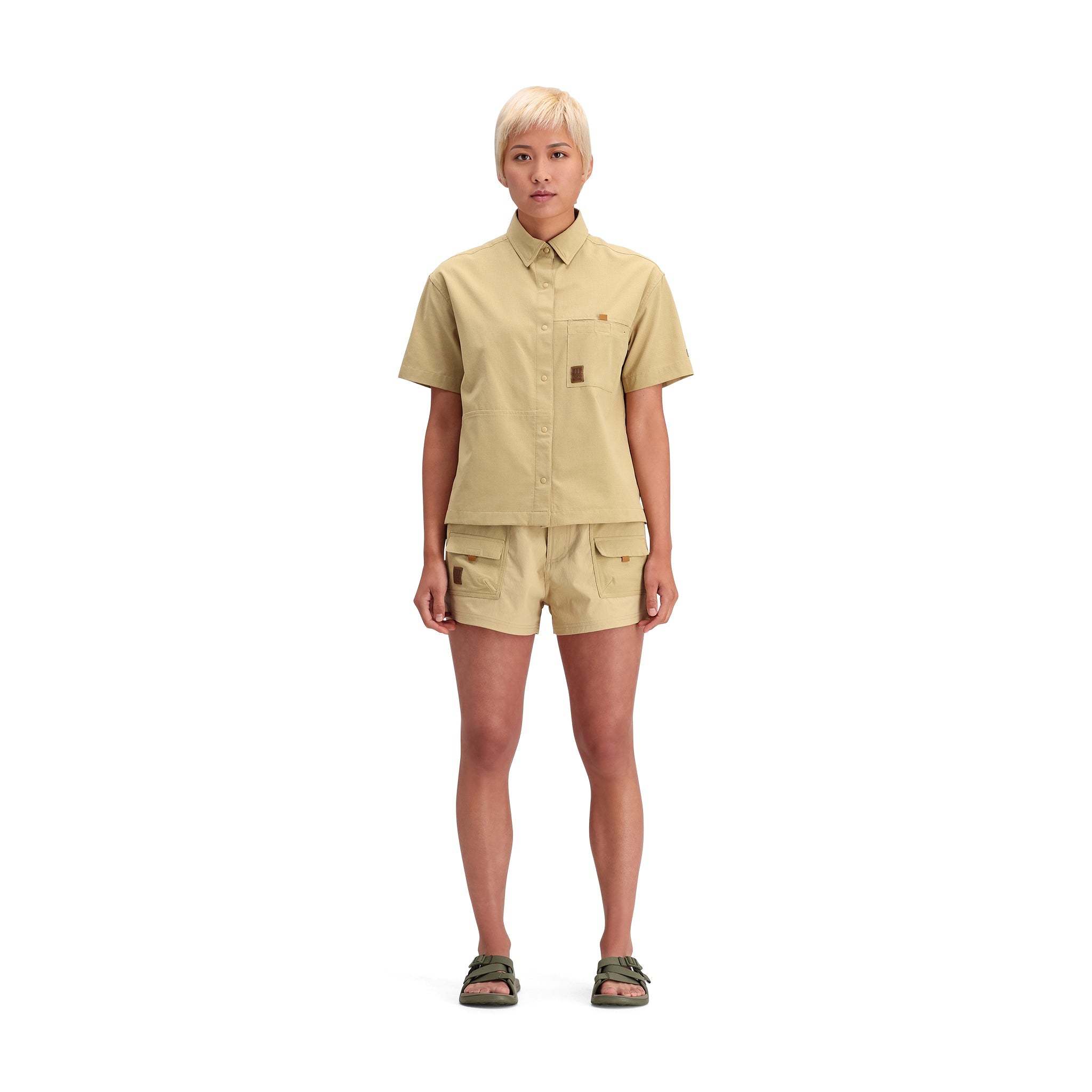 General front model shot of Topo Designs Retro River Shorts - Women's in "Sahara"