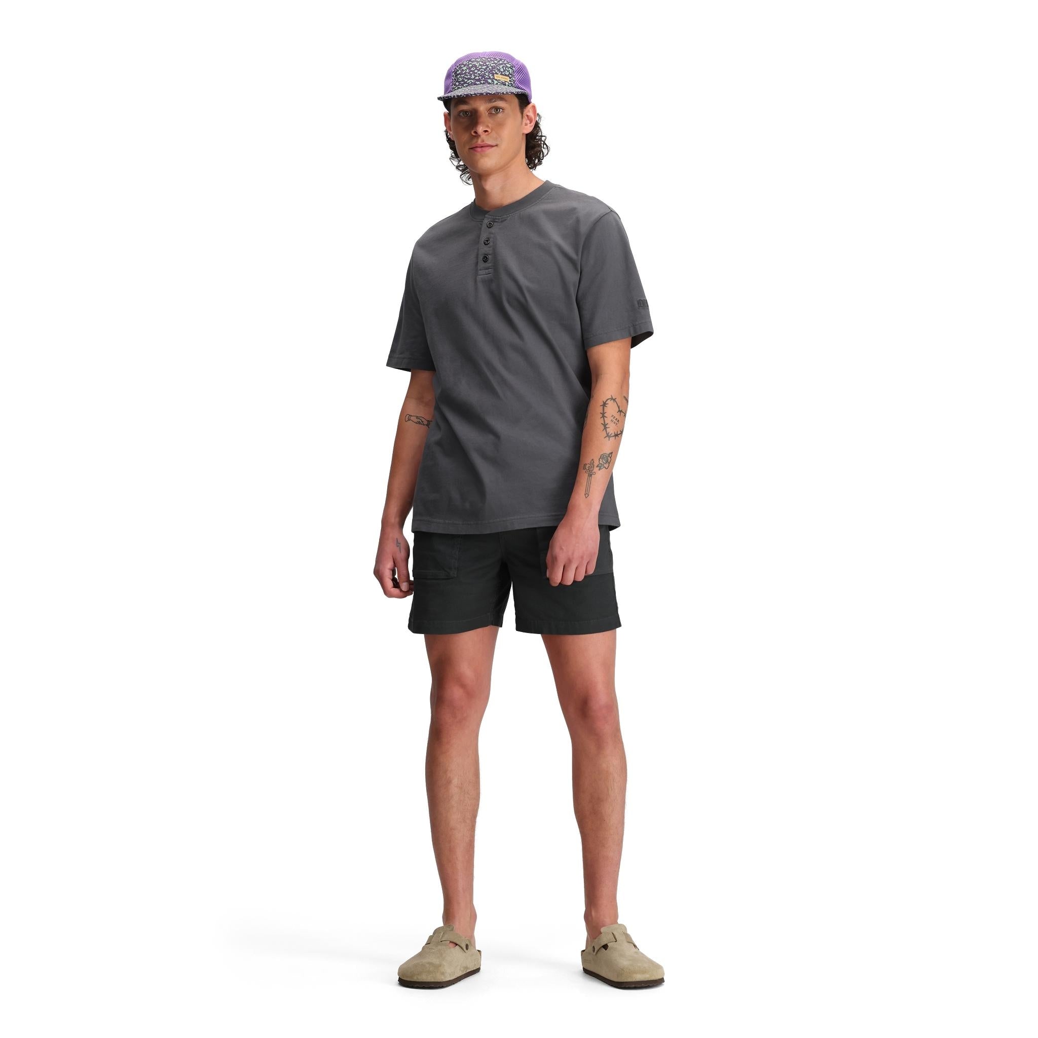 General front model shot of Topo Designs Dirt Desert Shorts - Men's in "Asphalt"