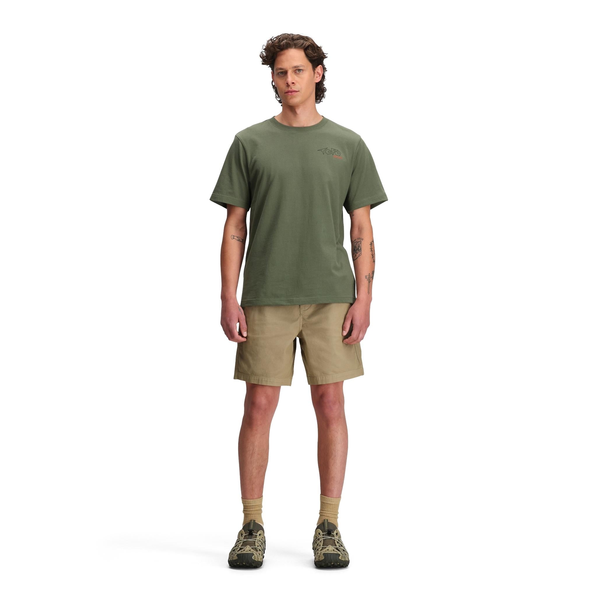 General front model shot of Topo Designs Dirt Shorts - Men's in "Elmwood"