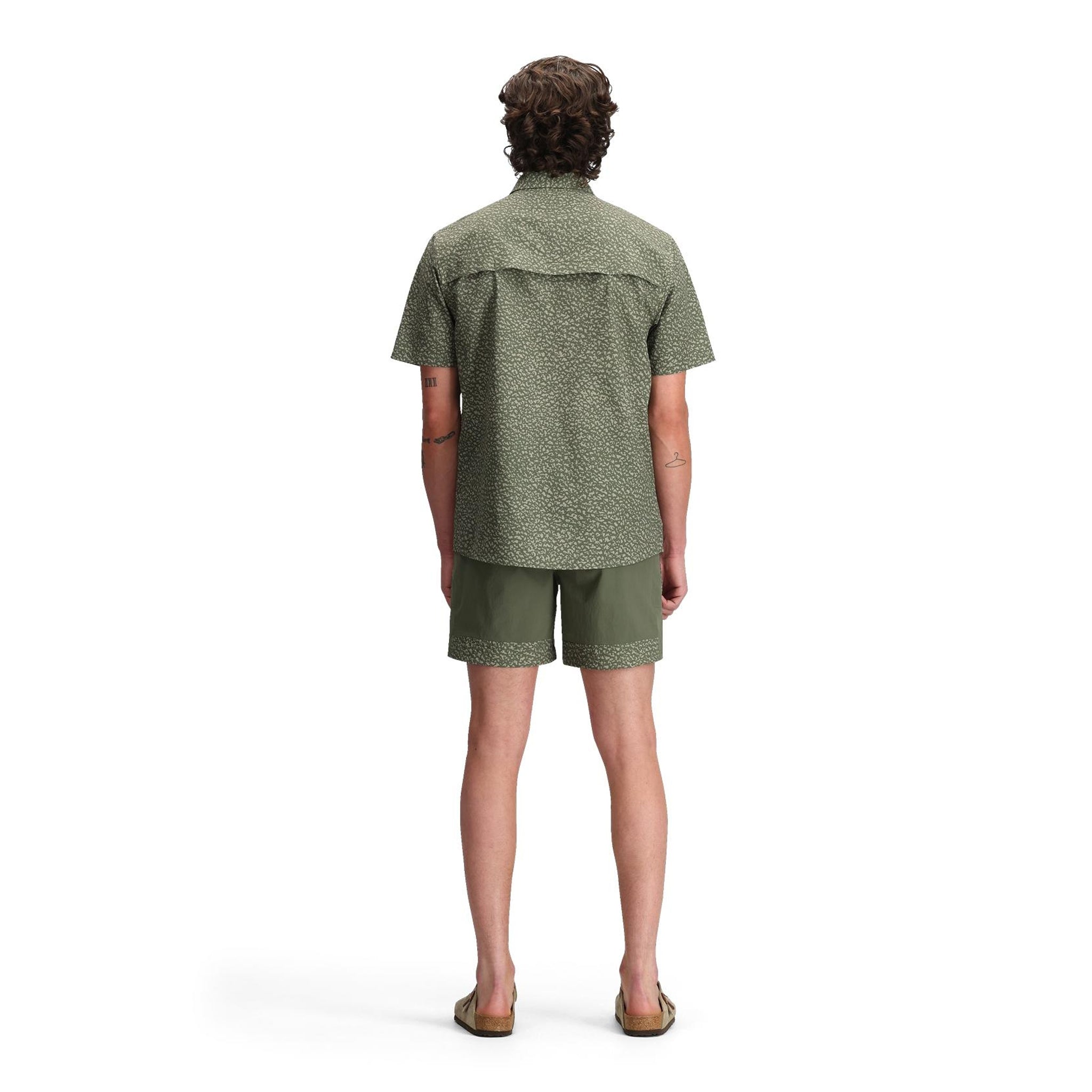 General back model shot of Topo Designs Retro River Shorts - Men's in "Beetle / Crackle"