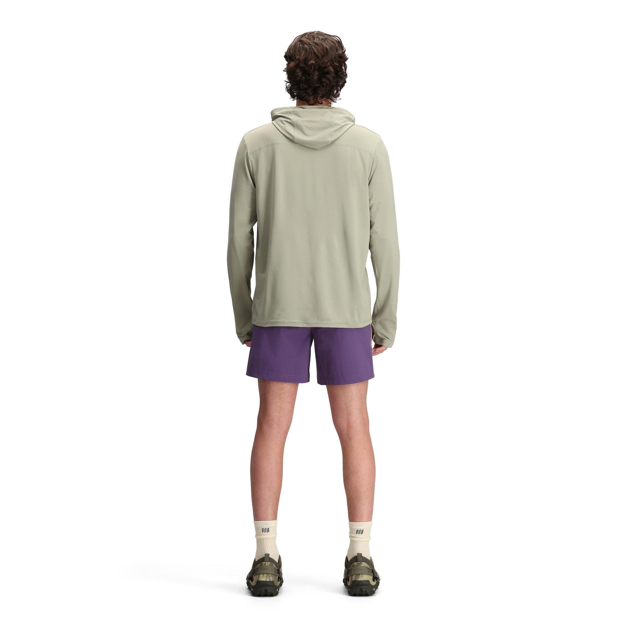 Back model shot of Topo Designs Sun Hoodie - Men's in "Dried Sage"