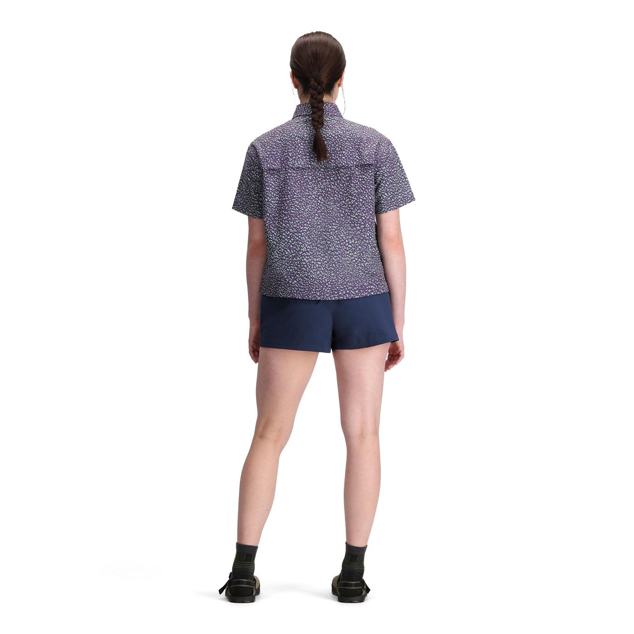 General back model shot of Topo Designs Retro River Short Sleeve - Women's in "Crackle Loganberry"