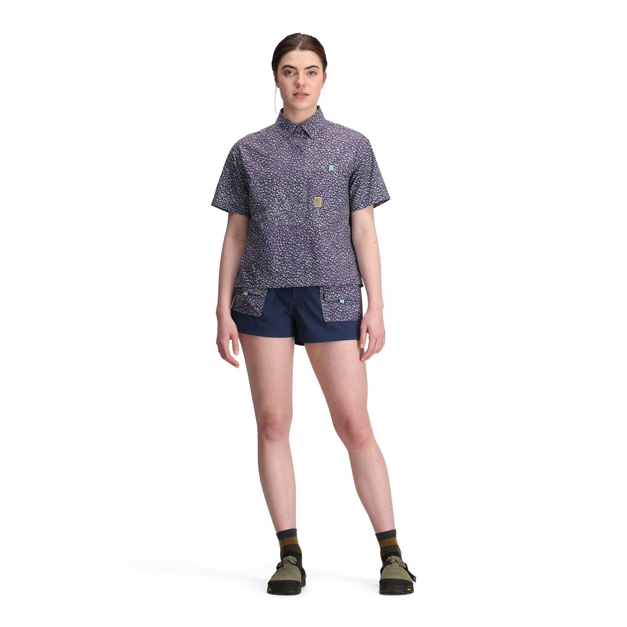 General front model shot of Topo Designs Retro River Short Sleeve - Women's in "Crackle Loganberry"