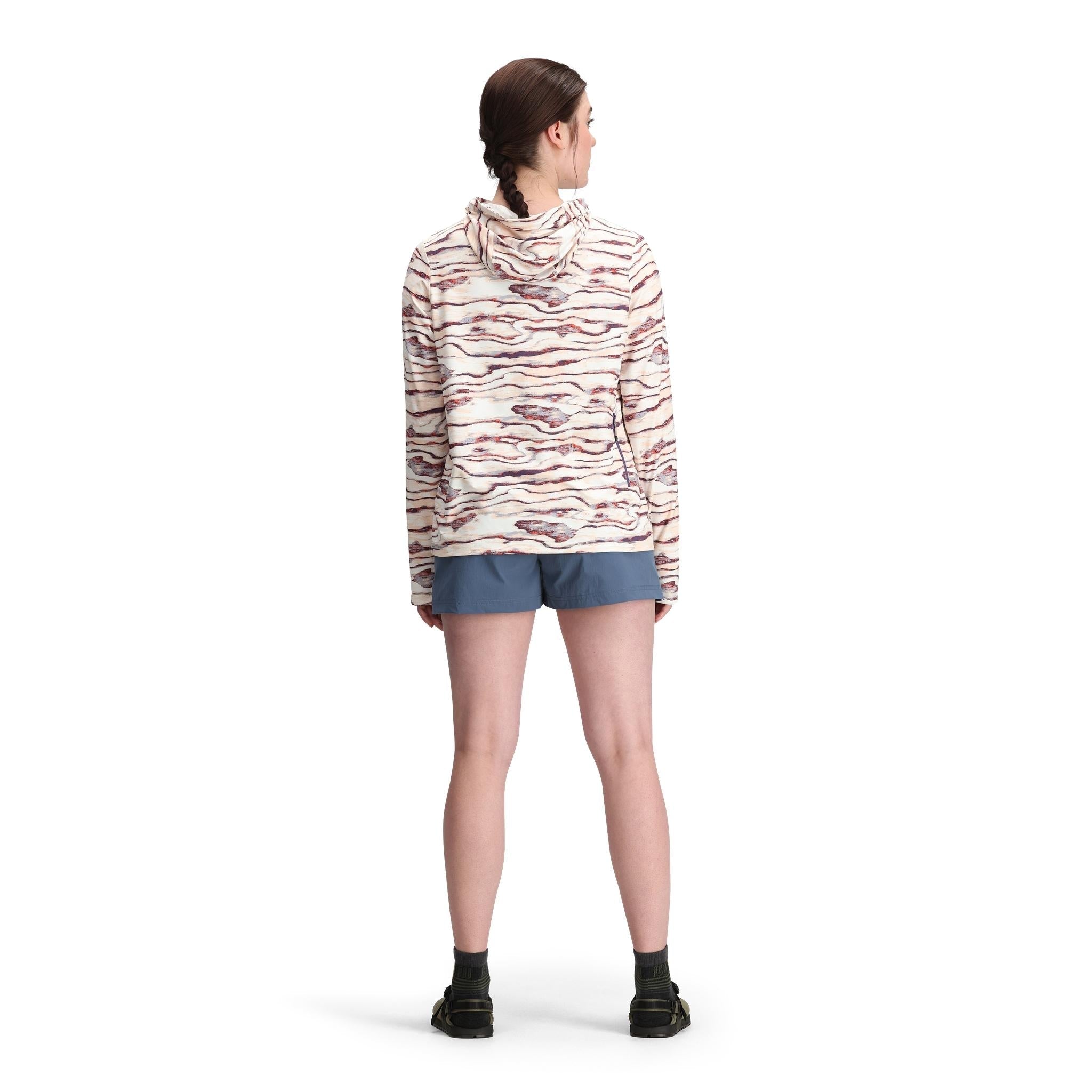 General back model shot of Topo Designs Sun Hoodie - Women's in "Palisade Almond"