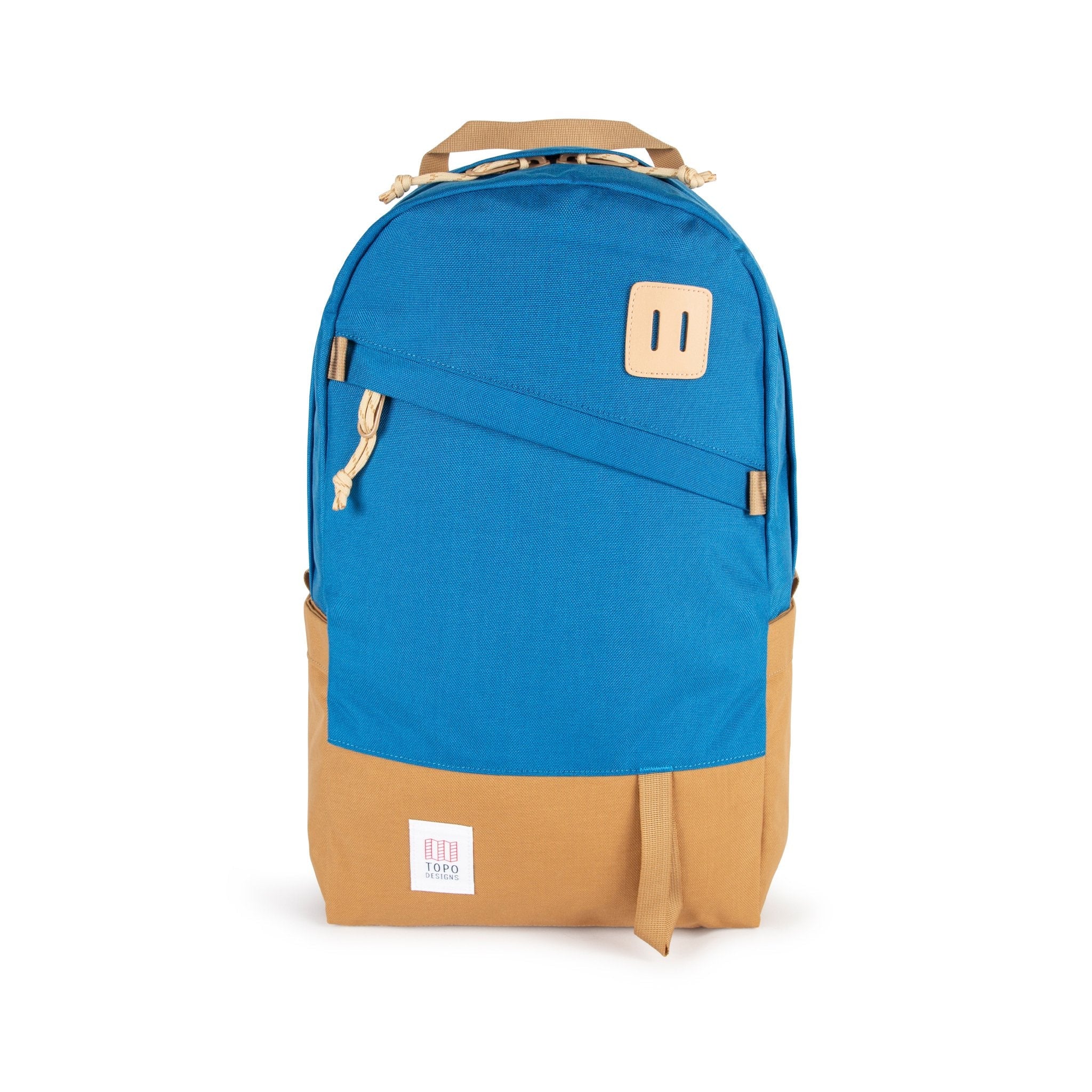 Topo Designs Daypack Classic 100% recycled nylon laptop backpack for work or school in Blue/Khaki brown.