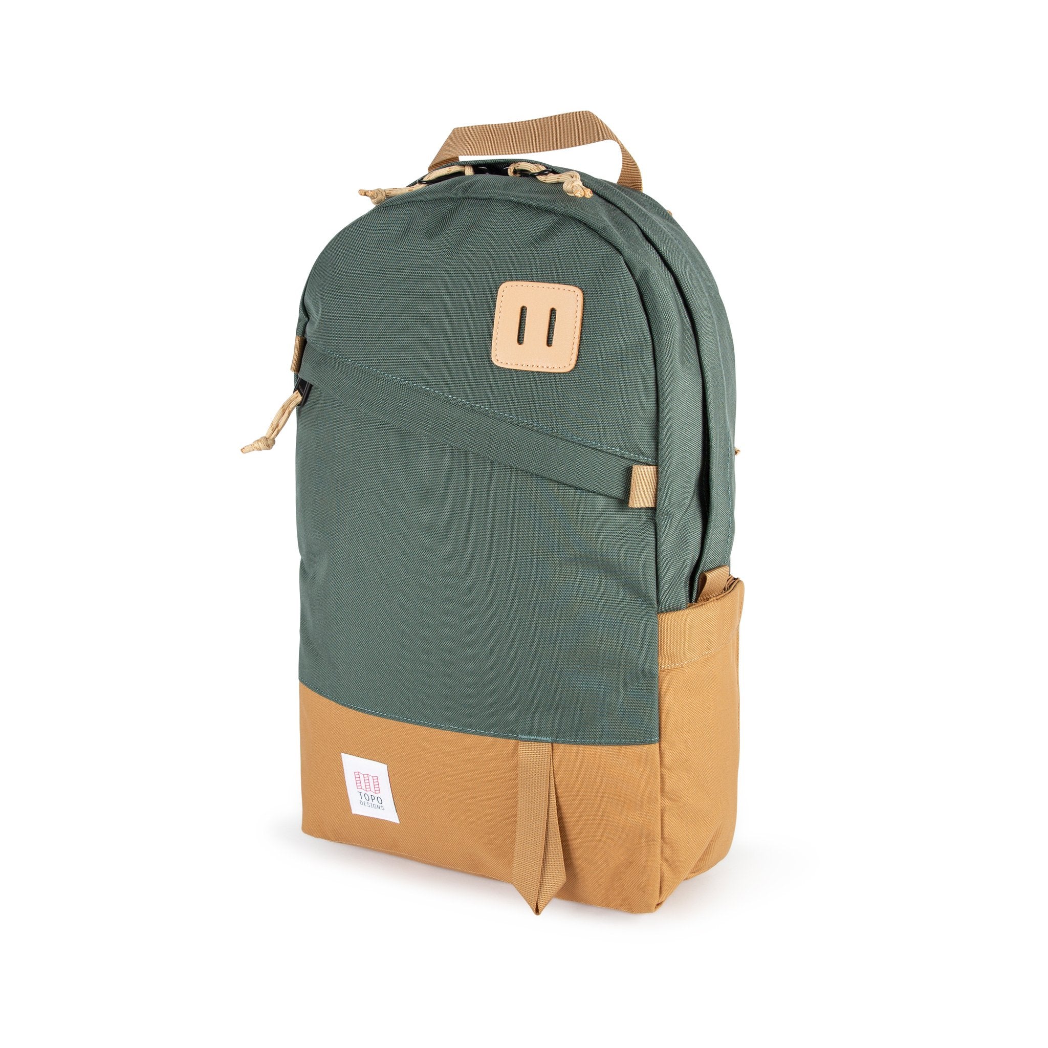 Topo Designs Daypack Classic 100% recycled nylon laptop backpack for work or school in forest green/khaki brown