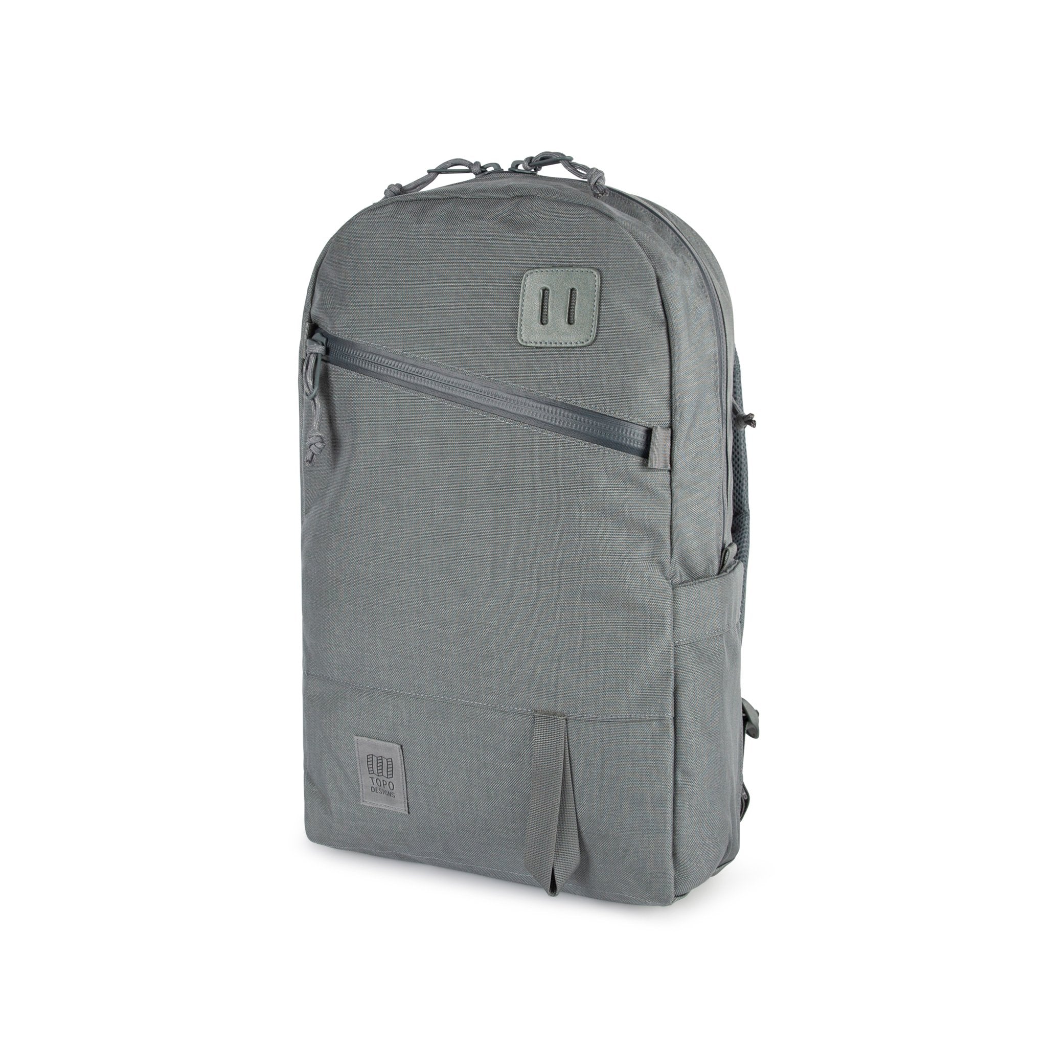 Topo Designs Daypack Tech 100% recycled nylon backpack with external laptop access in "Charcoal" gray.