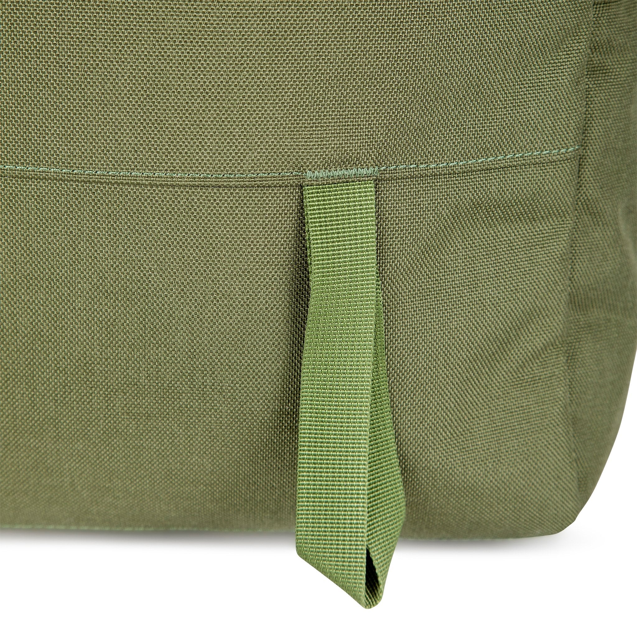General shot of ice axe loop on Topo Designs Daypack Tech 100% recycled nylon backpack in "Olive" green.