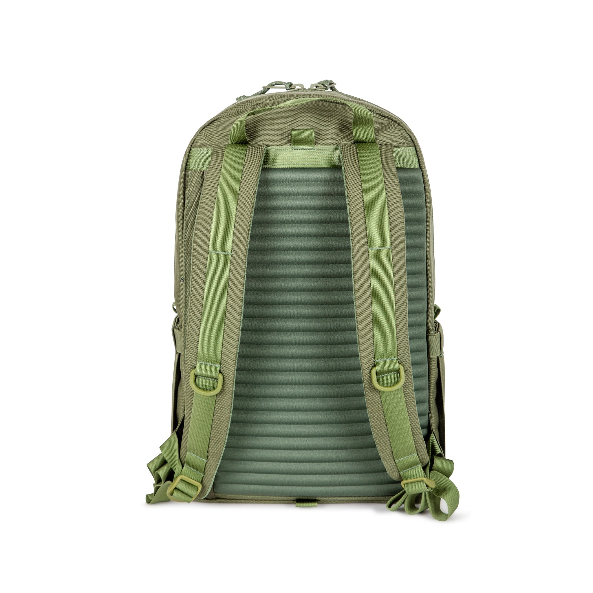 Padded RidgeBack™️ back panel and straps on Topo Designs Daypack Tech 100% recycled nylon backpack with external laptop access in "Olive" green.