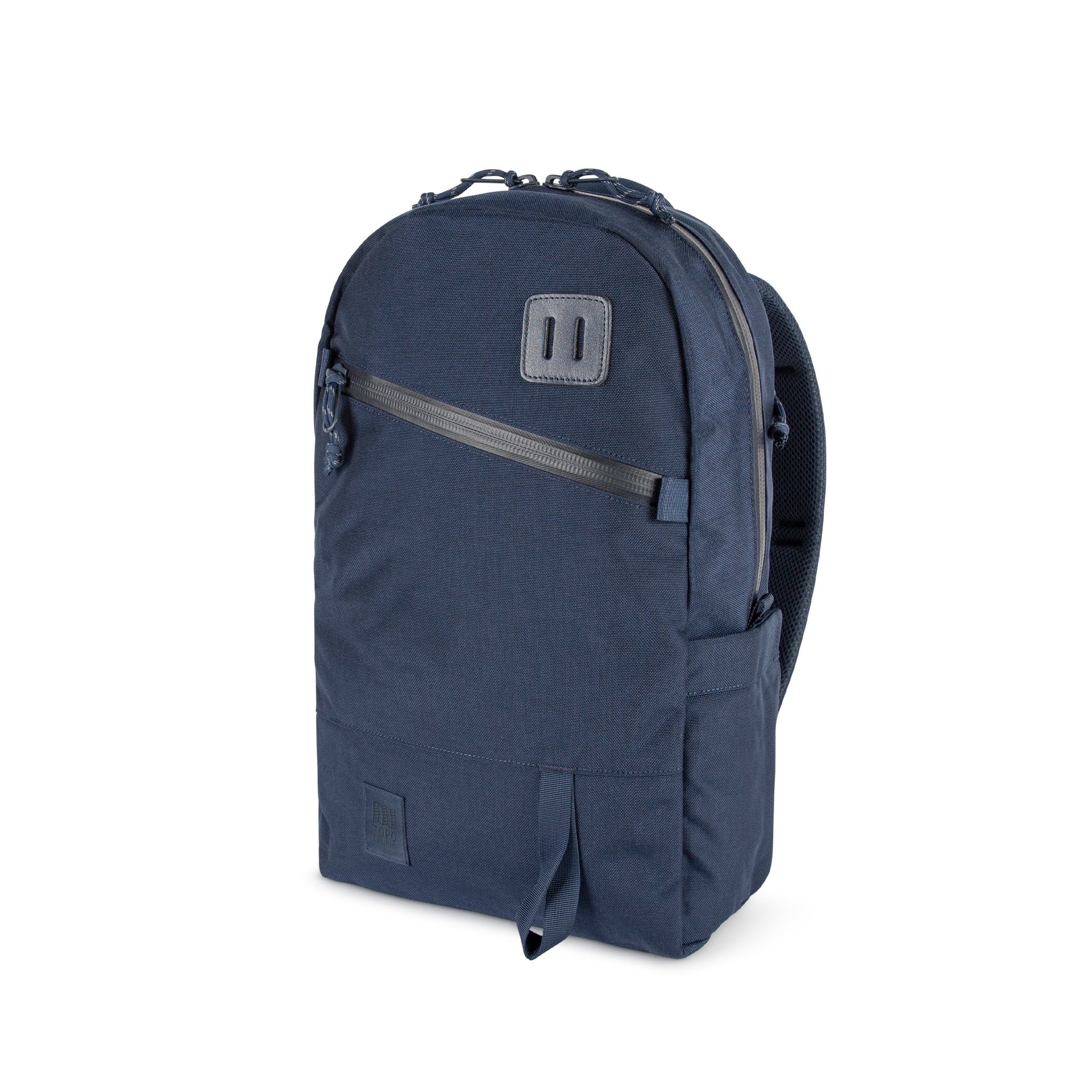 Topo Designs Daypack Tech 100% recycled nylon backpack with external laptop access in "Navy" blue.