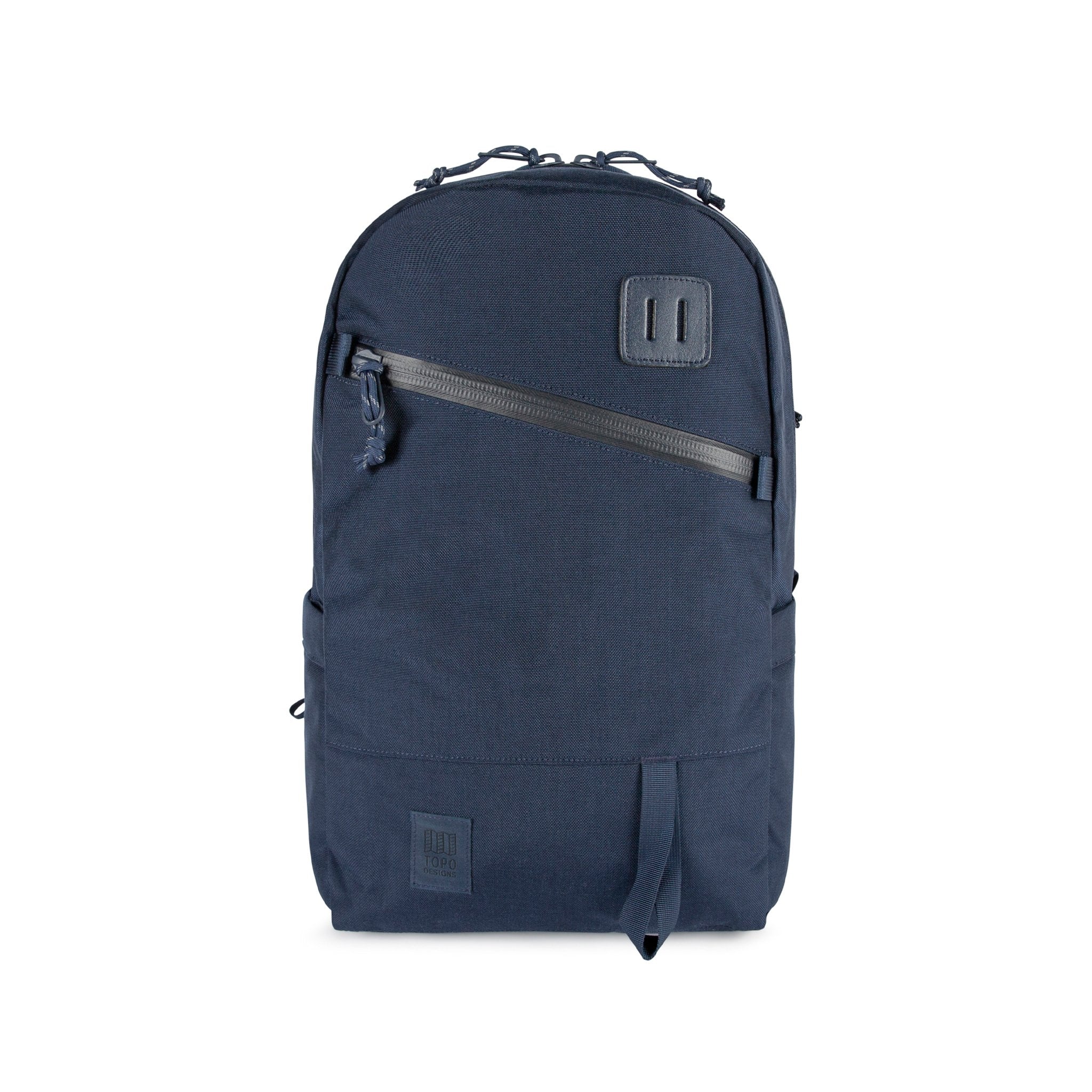 Topo Designs Daypack Tech 100% recycled nylon backpack with external laptop access in "Navy" blue.