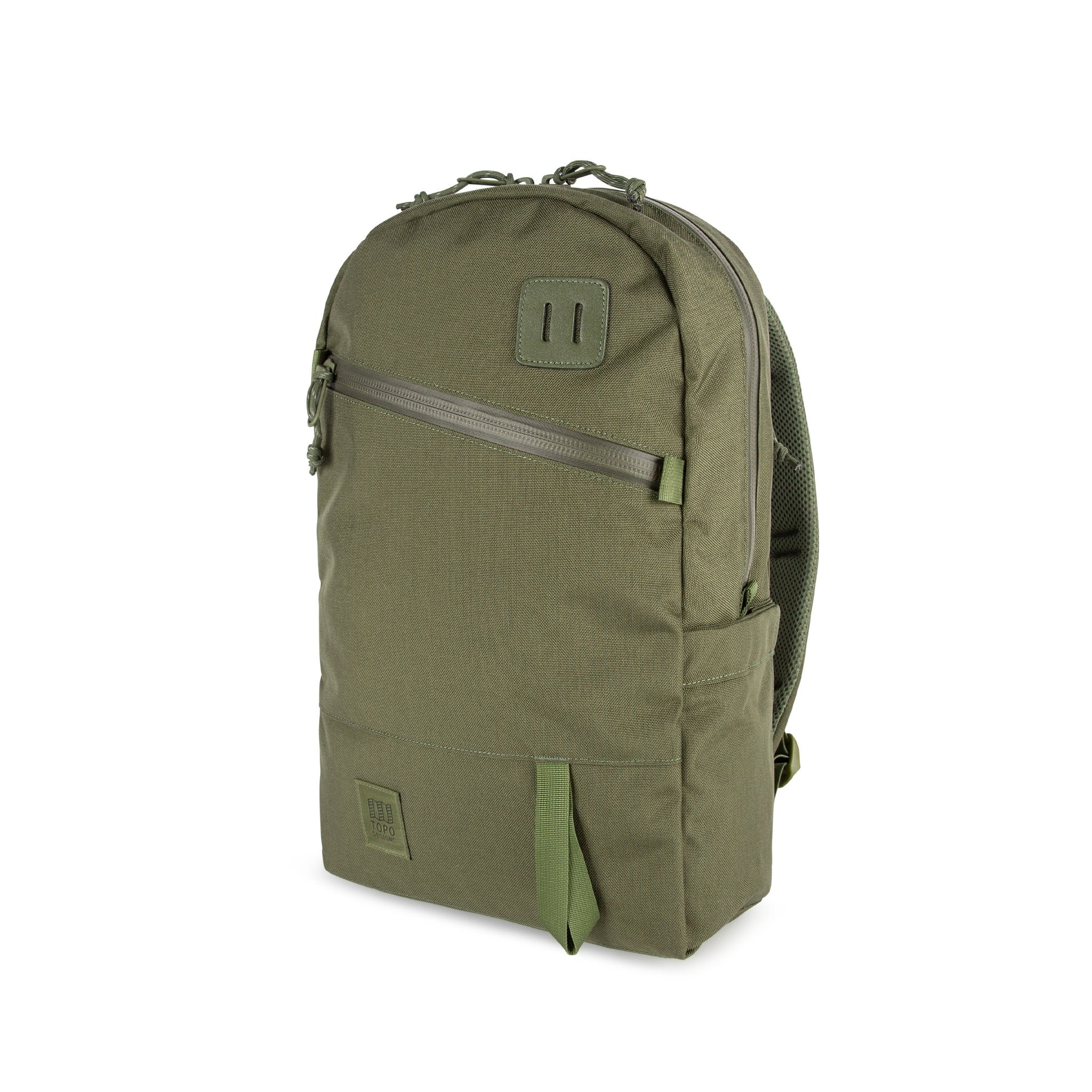 Topo Designs Daypack Tech 100% recycled nylon backpack with external laptop access in "Olive" green.