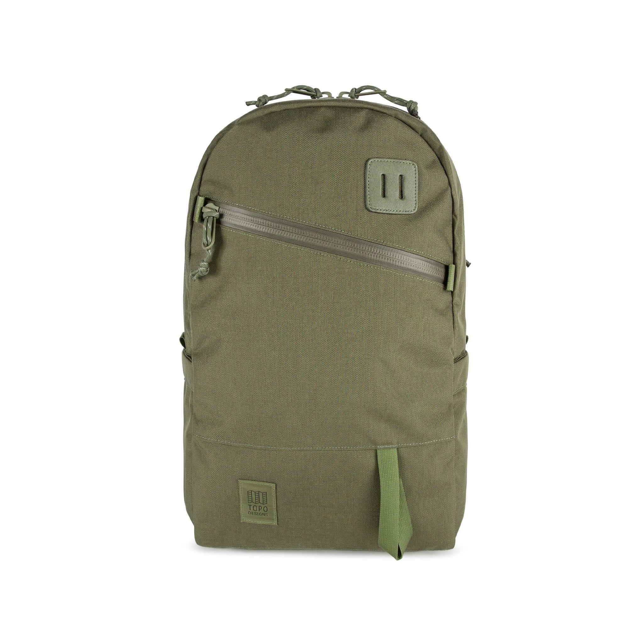 Topo Designs Daypack Tech 100% recycled nylon backpack with external laptop access in "Olive" green.