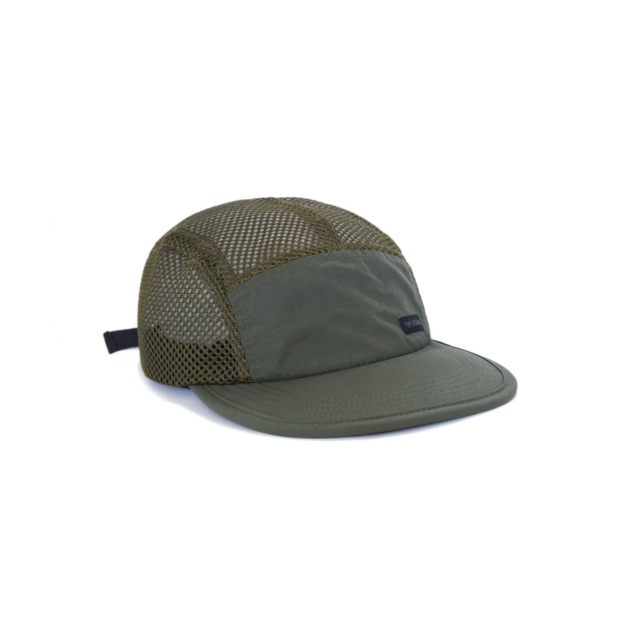 Topo Designs Global mesh back Hat in "Olive" green. Unstructured 5-panel flexible brim packable hat.