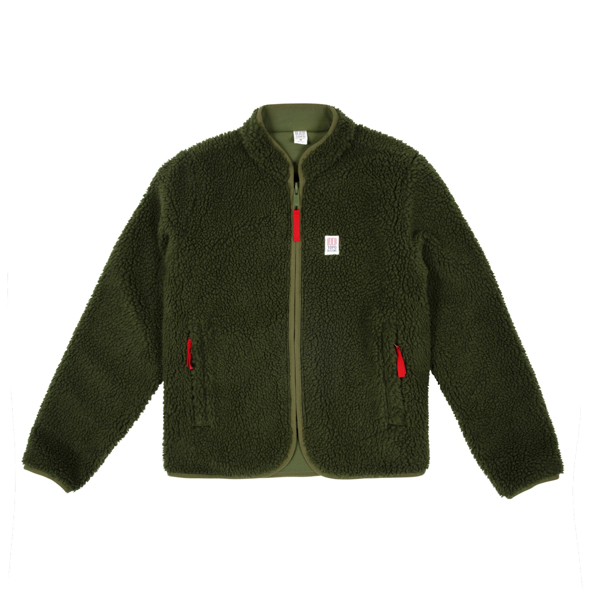 Front product shot of the Topo Designs Women's sherpa jacket in "olive" green showing the sherpa fleece.