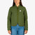 General front model shot of the Topo Designs women's sherpa jacket in "olive" green showing the DWR tech fabric side.