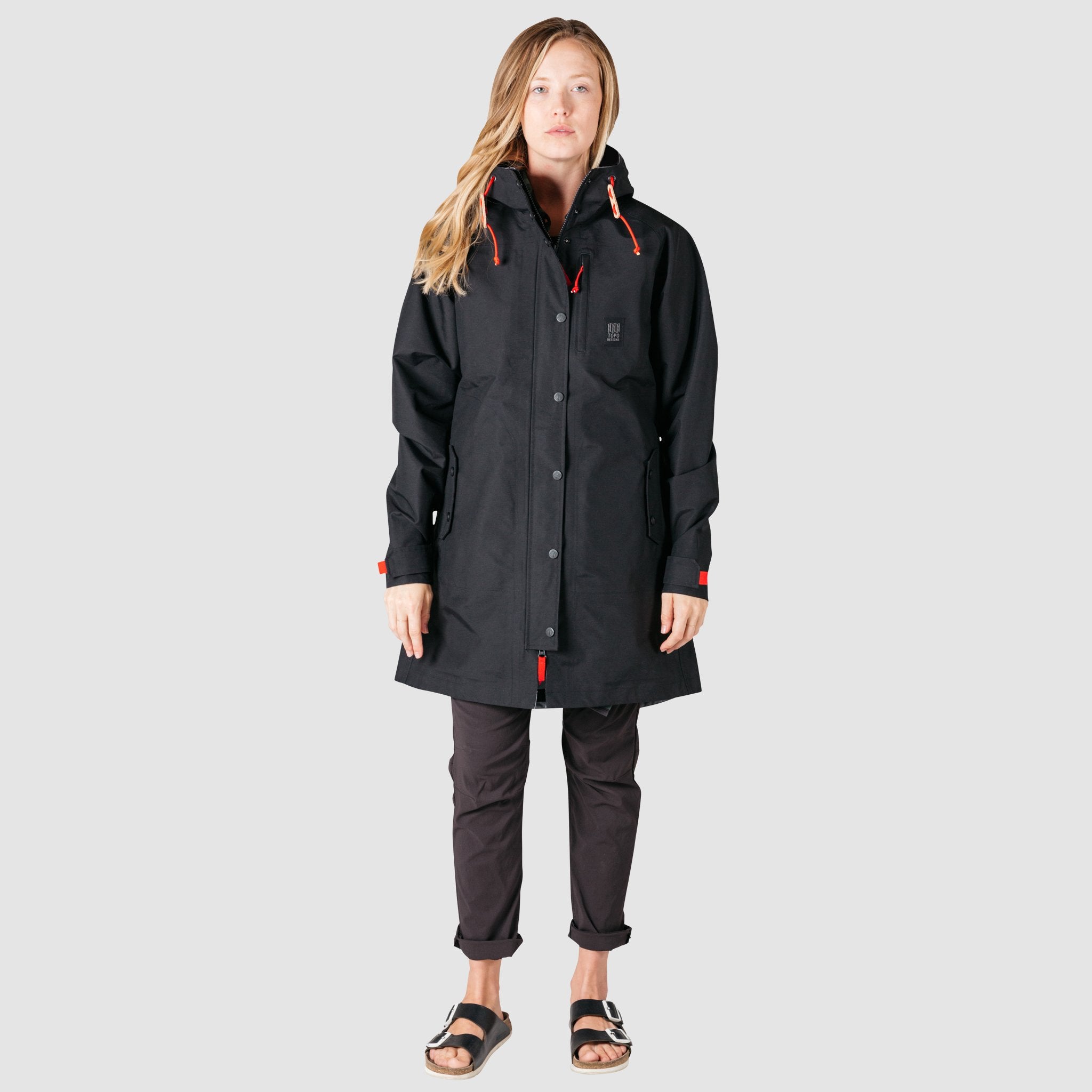 Front full body model shot of women's tech trench 3L in black