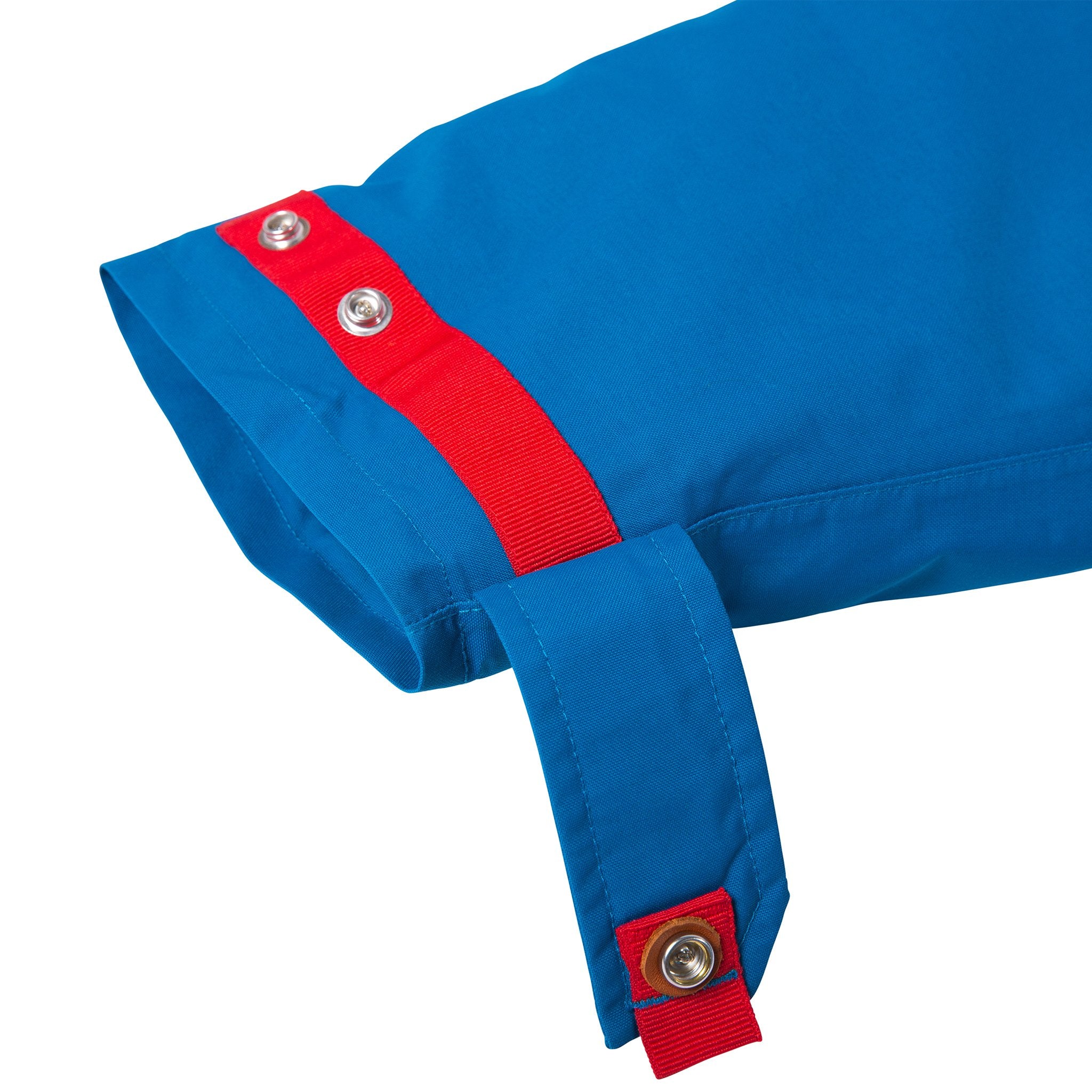 Product shot of men's mountain jacket in blue showing sleeve snap cuffs