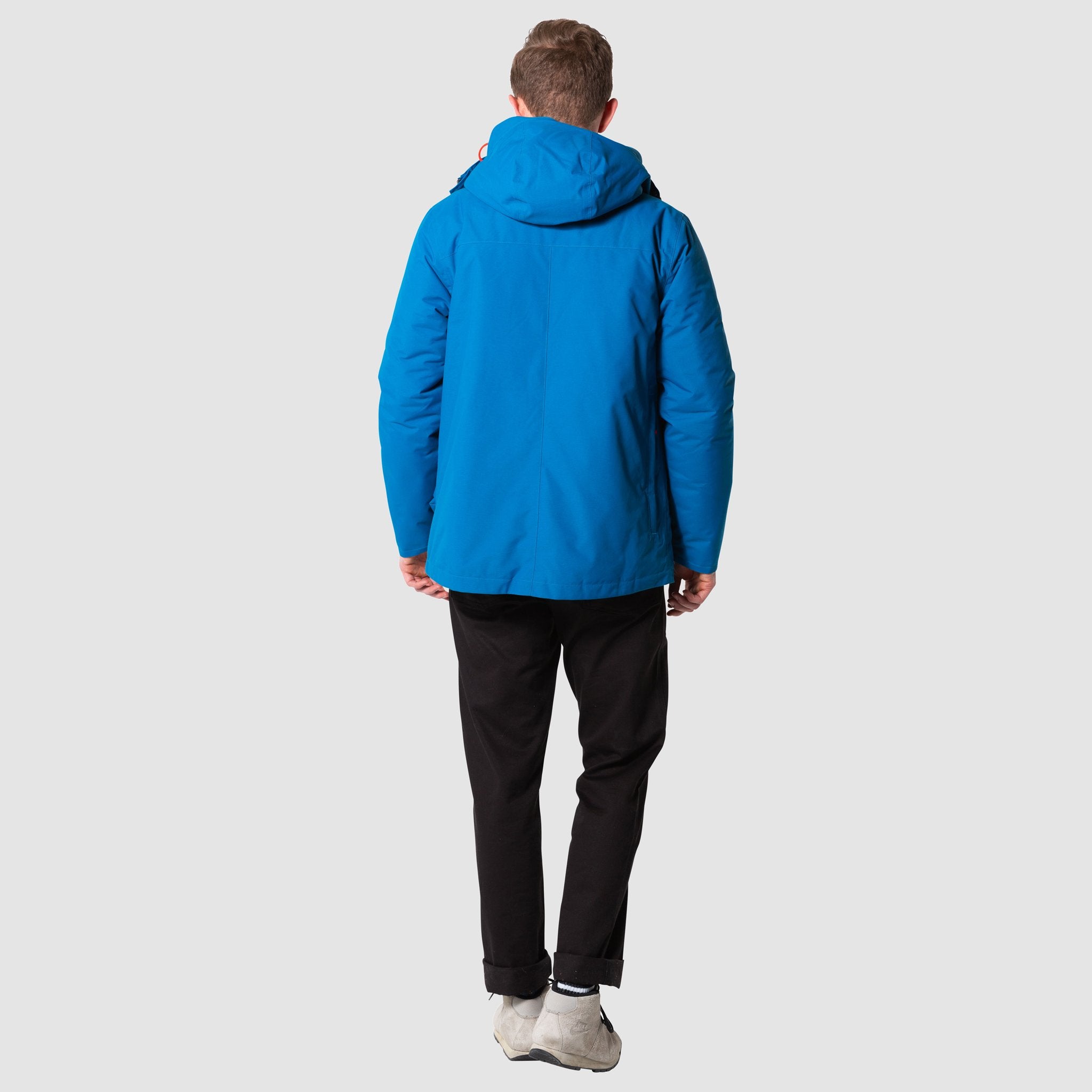 Full body back model shot of men's mountain jacket in blue, unzipped