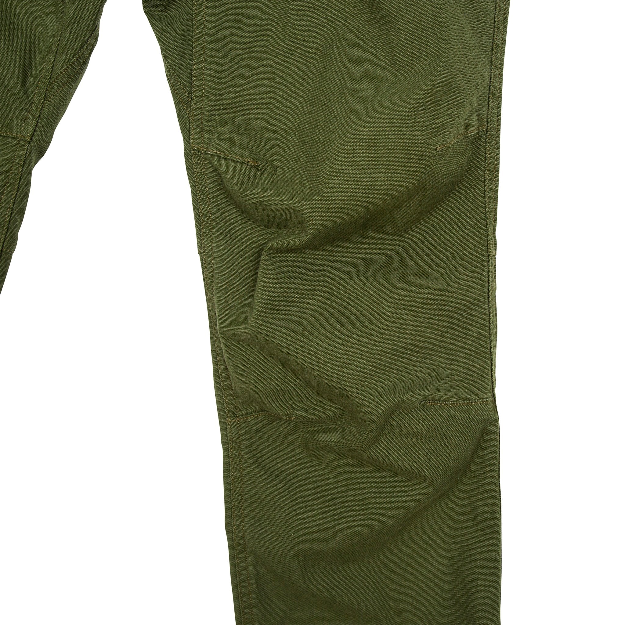 General detail shot of Topo Designs Men's Dirt Pants in Olive green showing knee area.