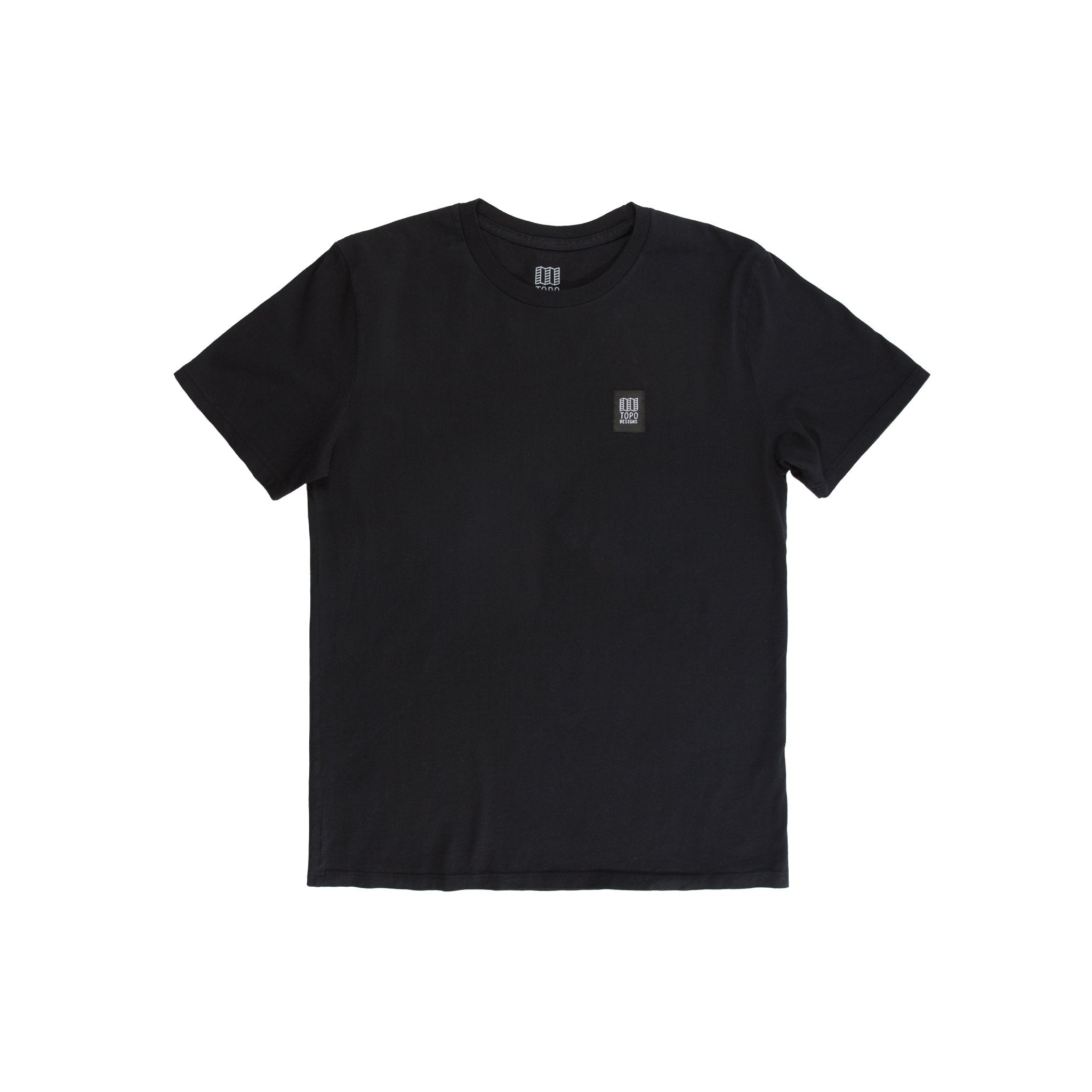 Front product shot of Topo Designs Men's Label short sleeve t-shirt in "Black".