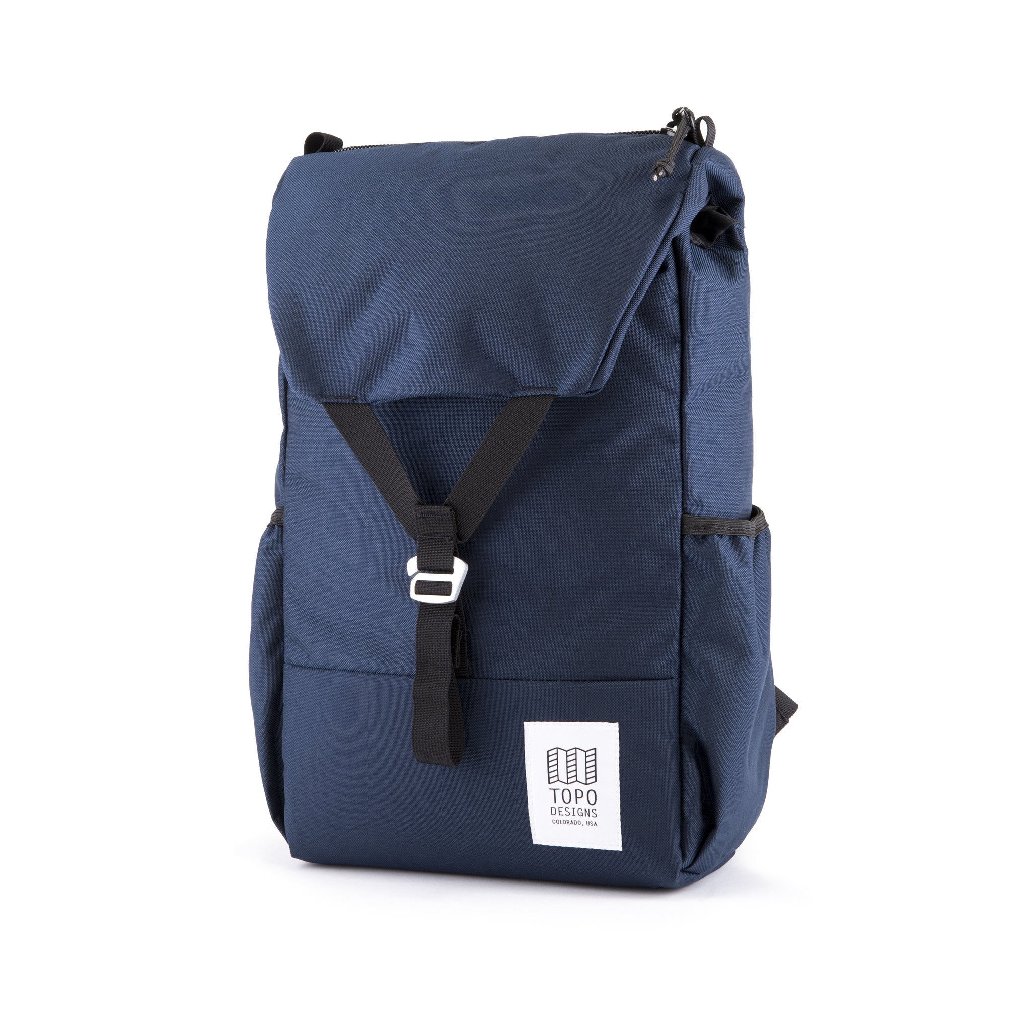 3/4 front product shot of Topo Designs Y-Pack in "navy" blue.