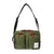 Full front product shot of the global briefcase in olive showing the shoulder strap
